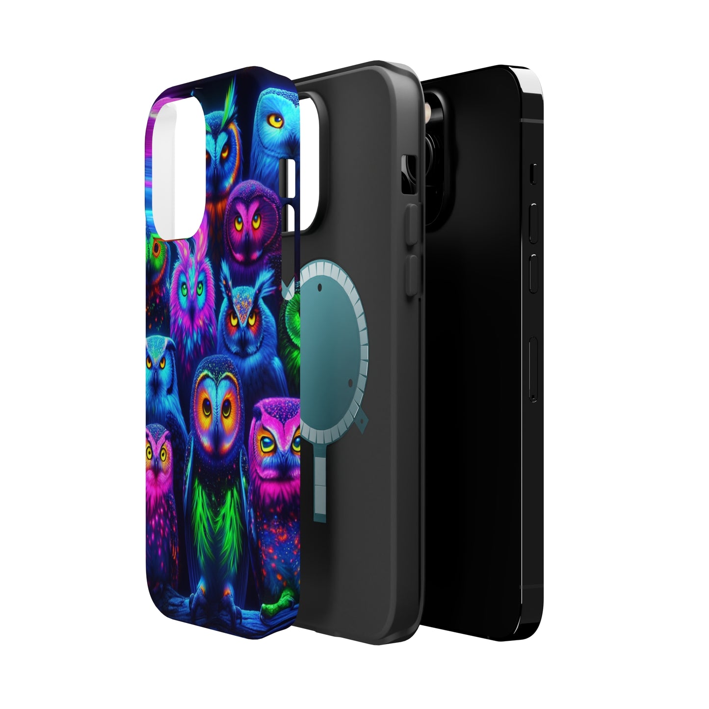 Neon Nocturnal Nook Neon Owls Premium Art Magsafe Magnet Tough IPhone 13 14 15 Pro Plus Max and Mini in Matte and Glossy Phone cases
