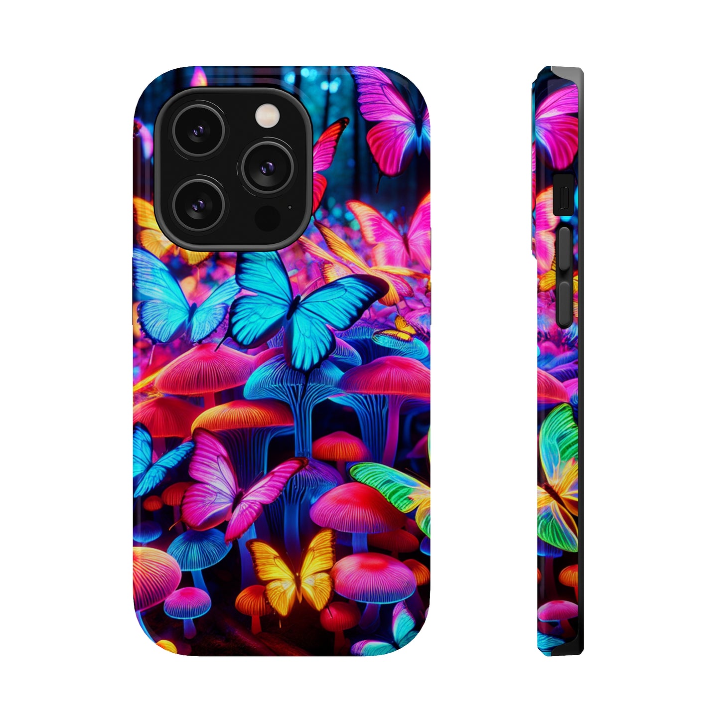 "Neon Tie-Dye Garden" Neon Butterflies and Mushrooms Premium Art Magsafe Magnet Tough IPhone 13 14 15 Pro Plus Max and Mini in Matte and Glossy Phone cases