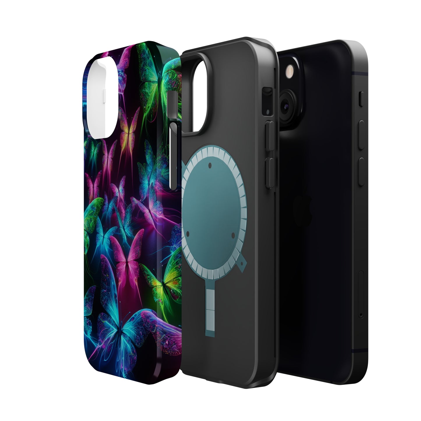 'Euphoria in Neon Flight' Neon Butterflies Premium Art Magsafe Magnet Tough IPhone 13 14 15 Pro Plus Max and Mini in Matte and Glossy Phone cases