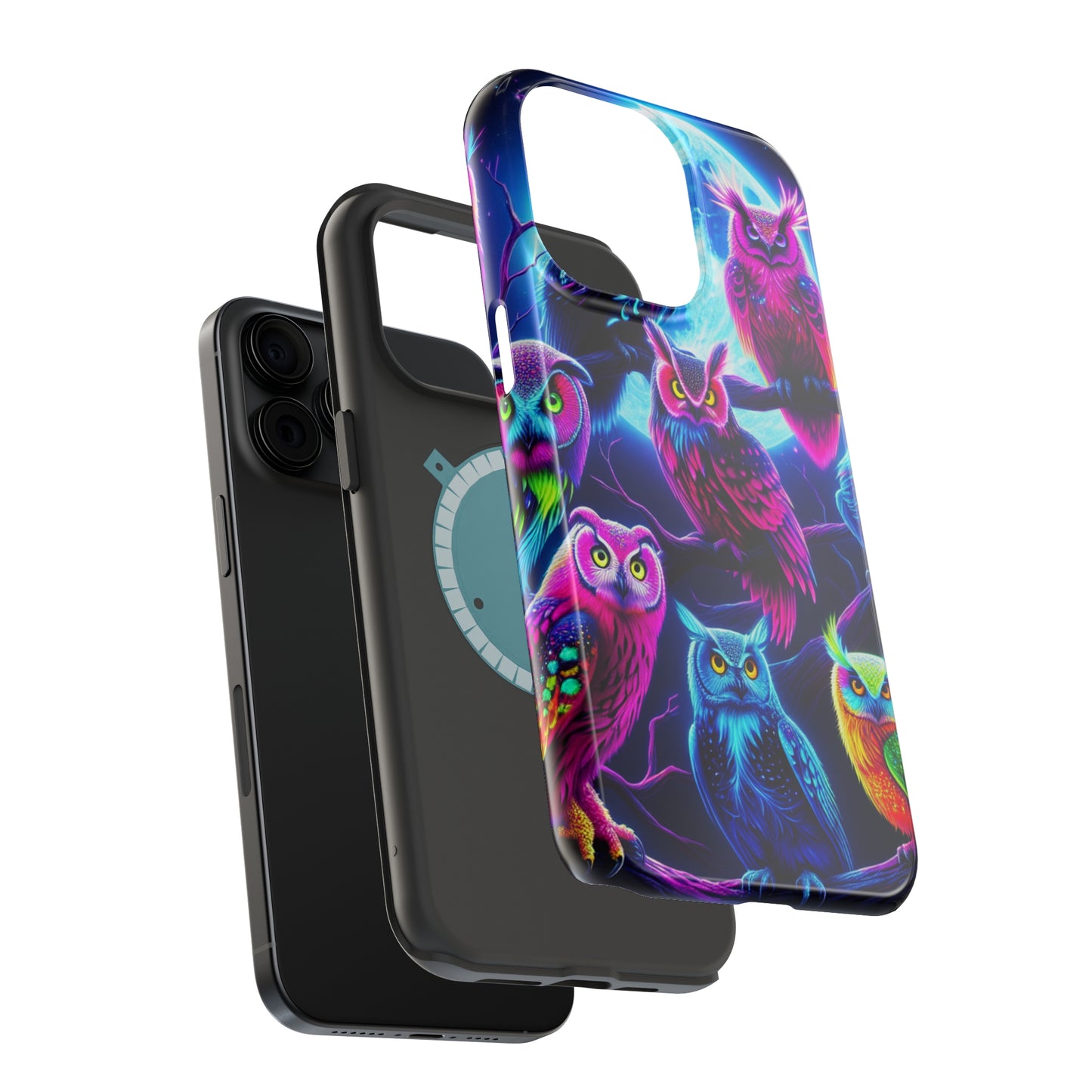 "Neon Splash of Owls" Neon Owls Premium Art Magsafe Magnet Tough IPhone 13 14 15 Pro Plus Max and Mini in Matte and Glossy Phone cases
