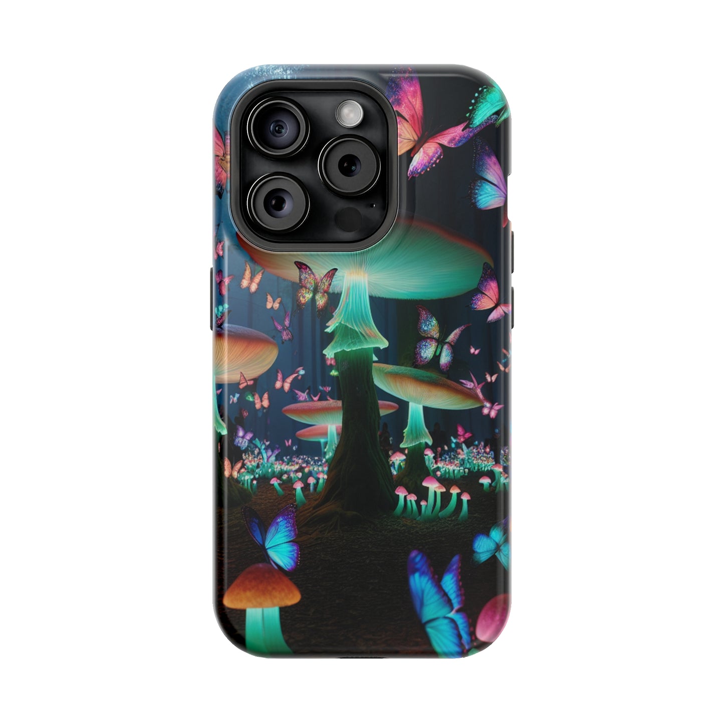 Neon Garden Delight. Neon Butterflies and Mushrooms Premium Art Magsafe Magnet Tough IPhone 13 14 15 Pro Plus Max and Mini in Matte and Glossy Phone cases