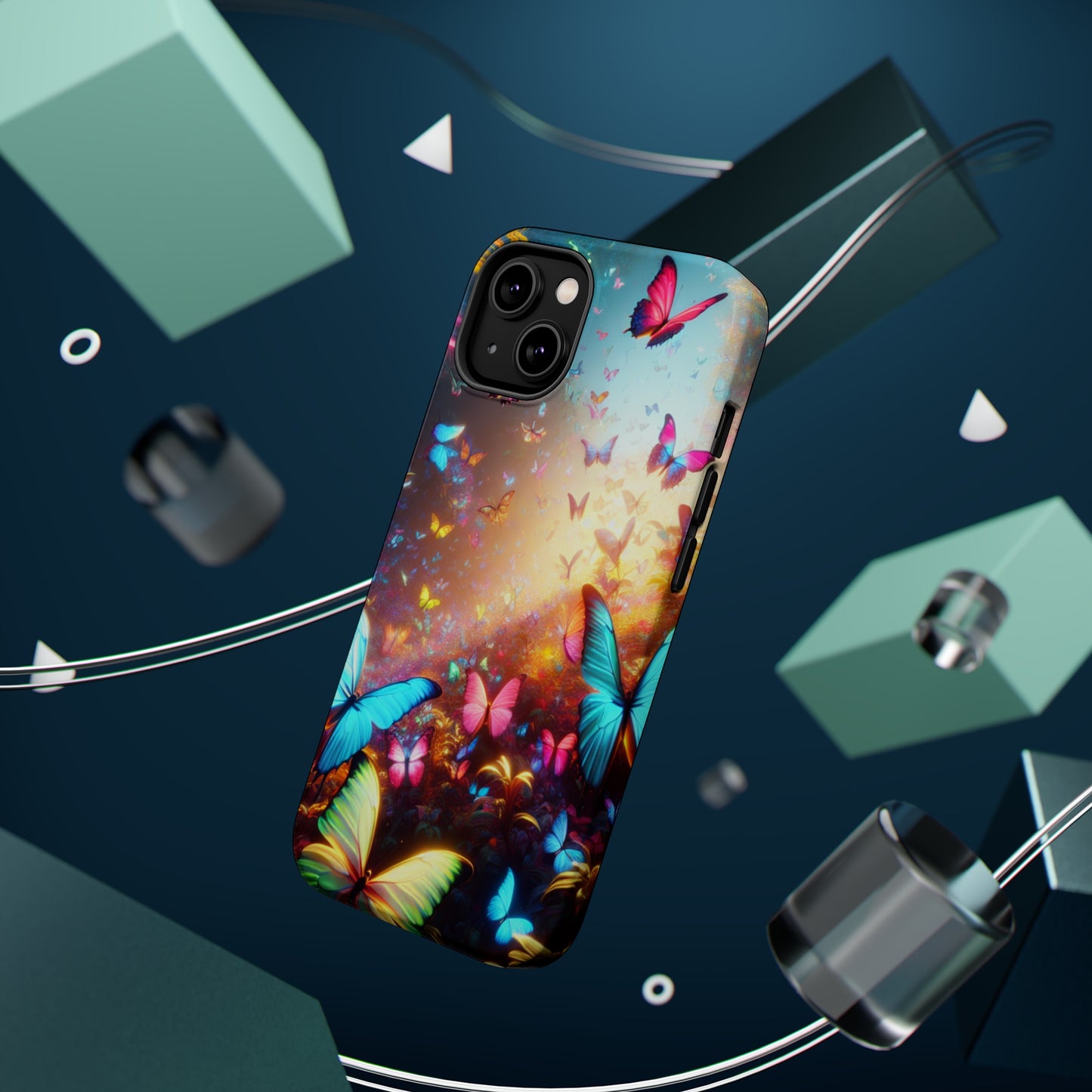 "Neon Butterfly Blooms" Neon Butterflies Premium Art Magsafe Magnet Tough IPhone 13 14 15 Pro Plus Max and Mini in Matte and Glossy Phone cases