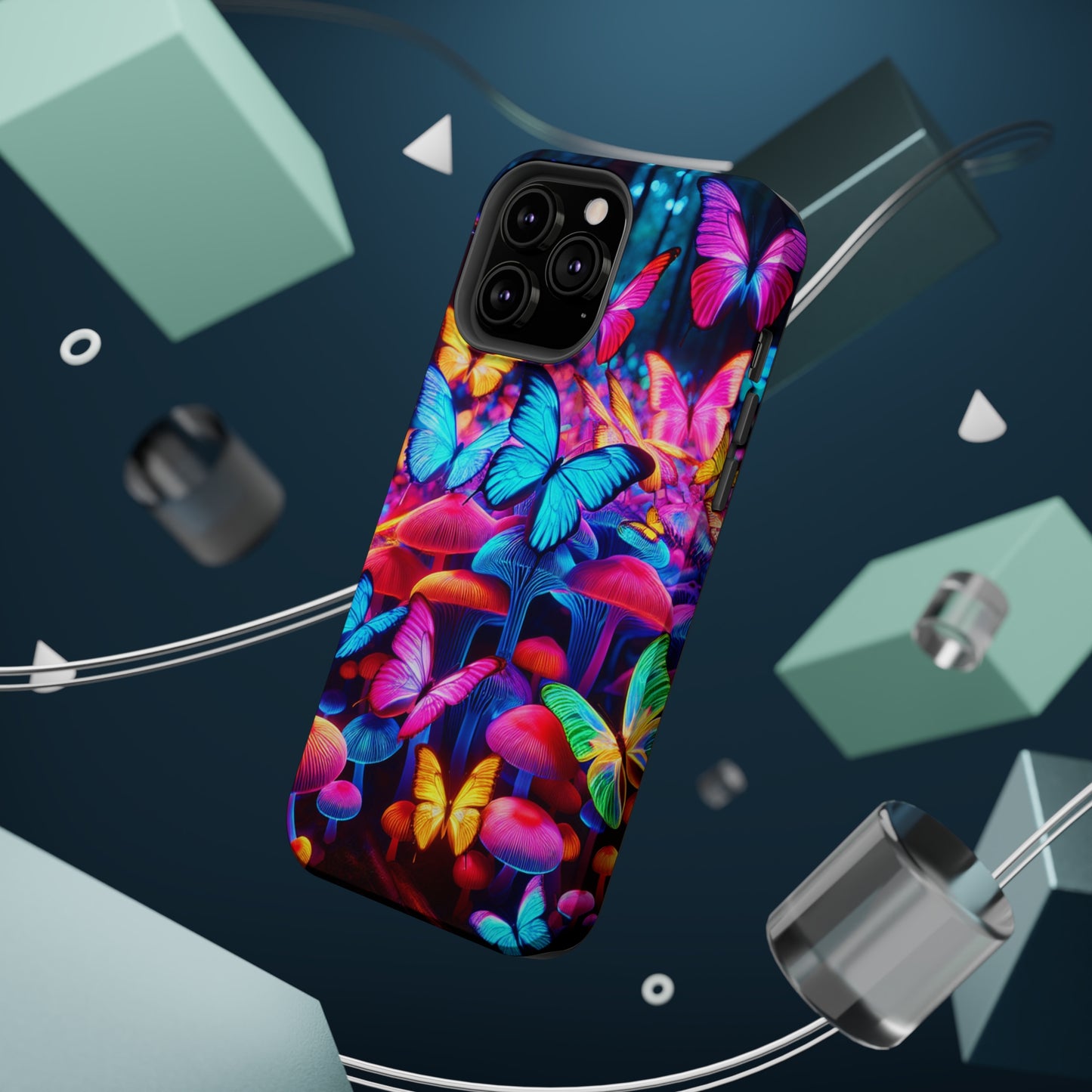 "Neon Tie-Dye Garden" Neon Butterflies and Mushrooms Premium Art Magsafe Magnet Tough IPhone 13 14 15 Pro Plus Max and Mini in Matte and Glossy Phone cases