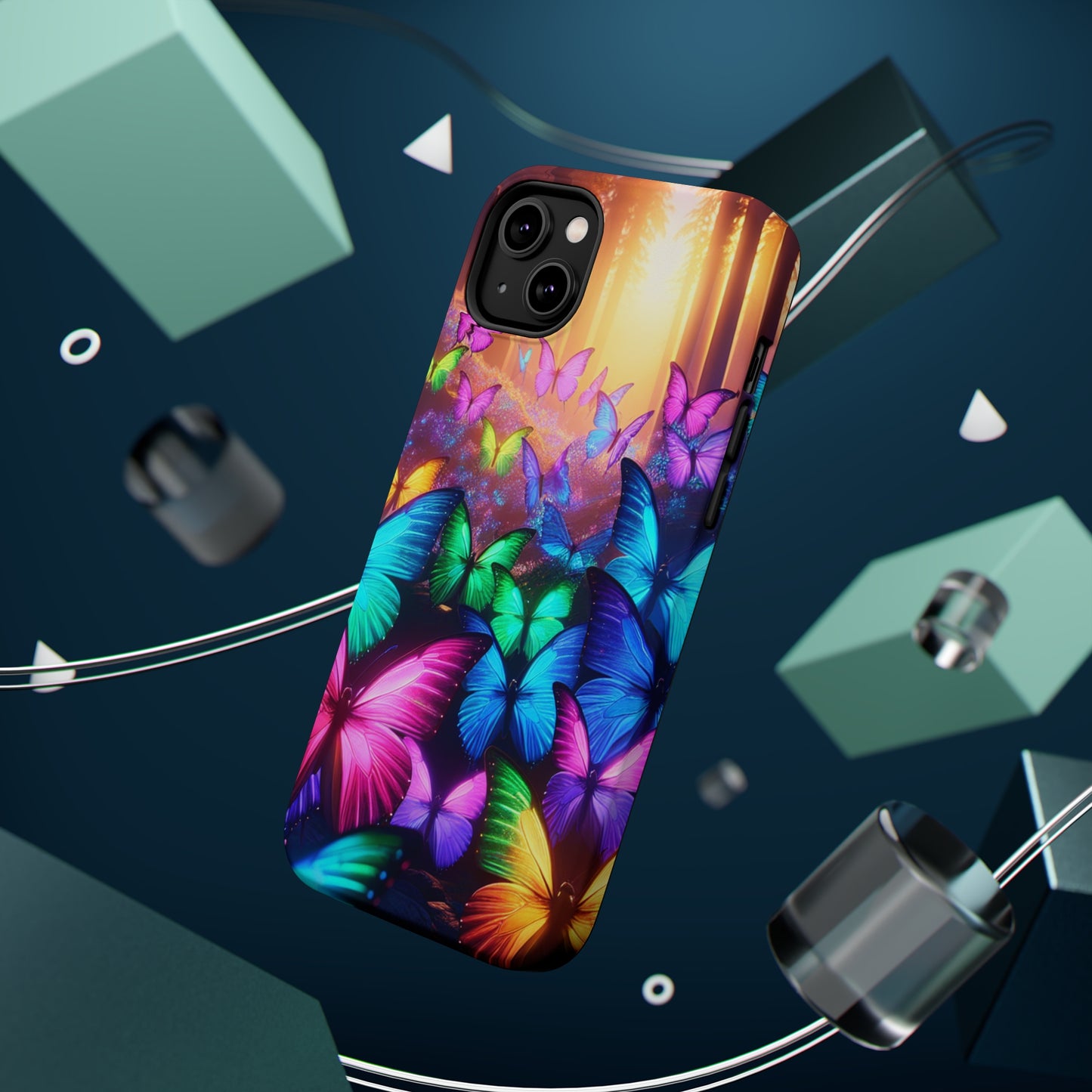 "Radiant Glowing Flight" Neon Butterflies Premium Art Magsafe Magnet Tough IPhone 13 14 15 Pro Plus Max and Mini in Matte and Glossy Phone cases
