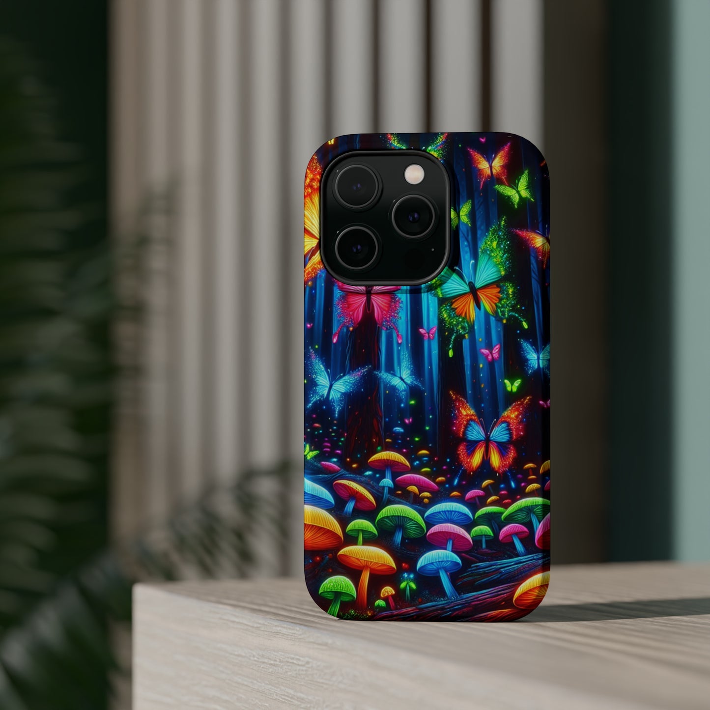 Neon Fantasia. Neon Butterflies and Mushrooms Premium Art Magsafe Magnet Tough IPhone 13 14 15 Pro Plus Max and Mini in Matte and Glossy Phone cases