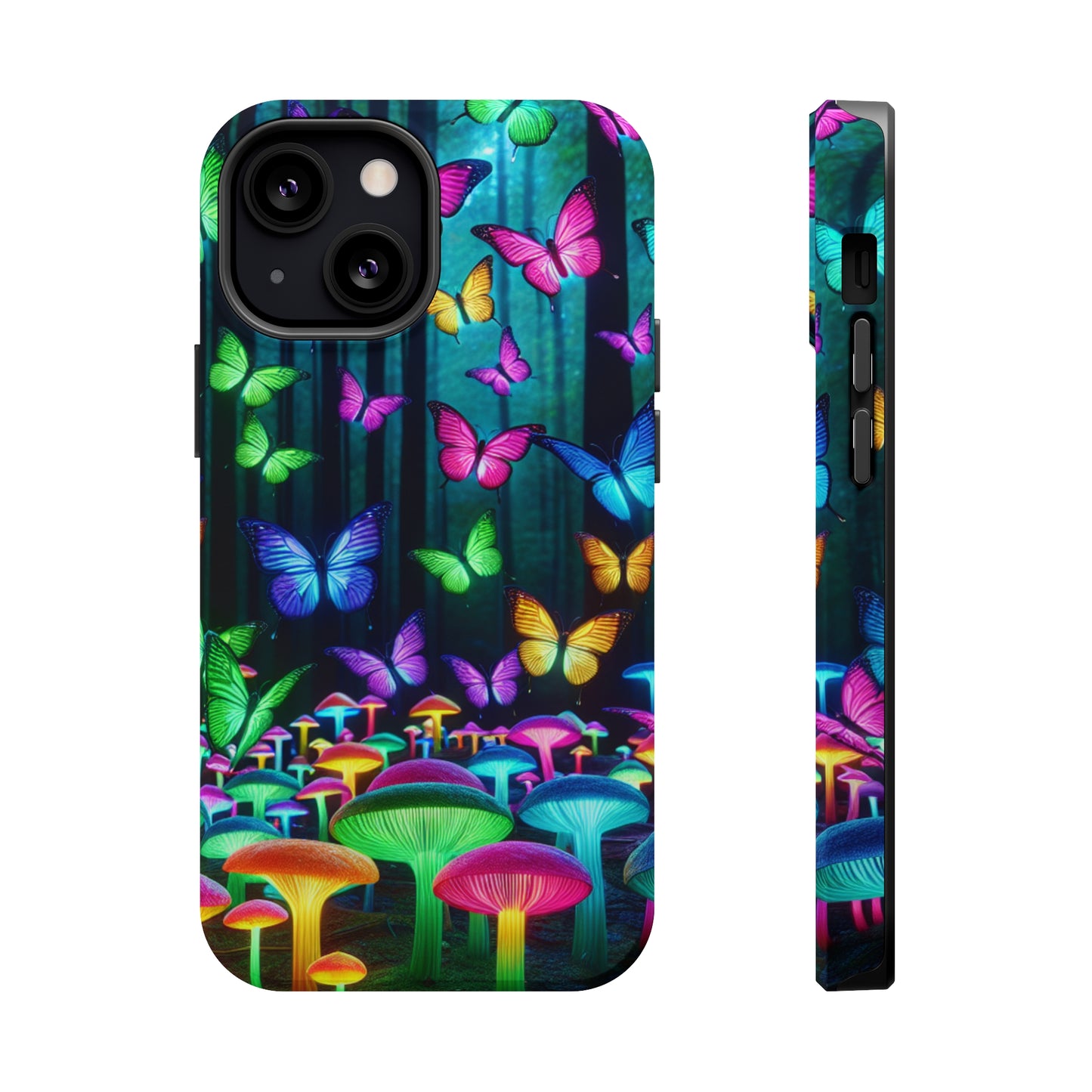 "Vivid Neon Splendor" Neon Butterflies and Mushrooms Premium Art Magsafe Magnet Tough IPhone 13 14 15 Pro Plus Max and Mini in Matte and Glossy Phone cases