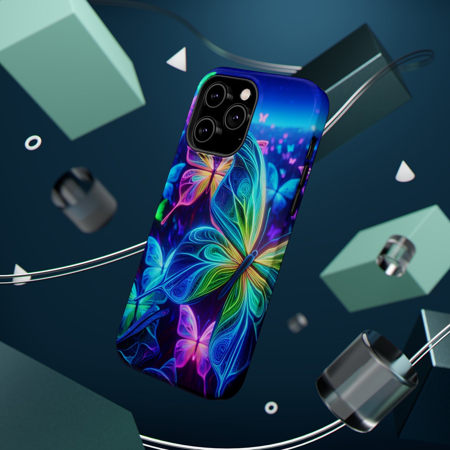'Serene Spectacle of Neon Butterflies' Neon Butterflies Premium Art Magsafe Magnet Tough IPhone 13 14 15 Pro Plus Max and Mini in Matte and Glossy Phone cases