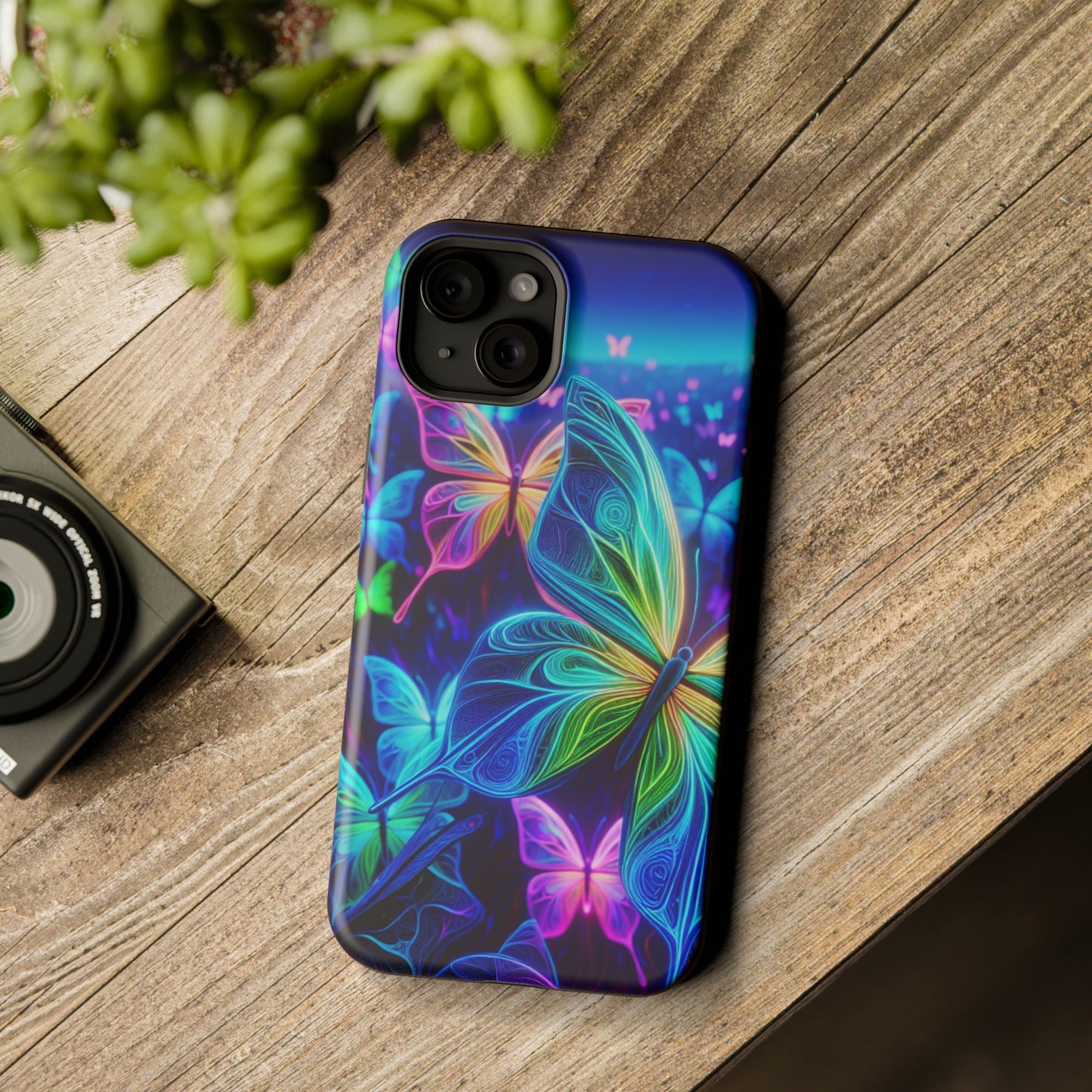 'Serene Spectacle of Neon Butterflies' Neon Butterflies Premium Art Magsafe Magnet Tough IPhone 13 14 15 Pro Plus Max and Mini in Matte and Glossy Phone cases