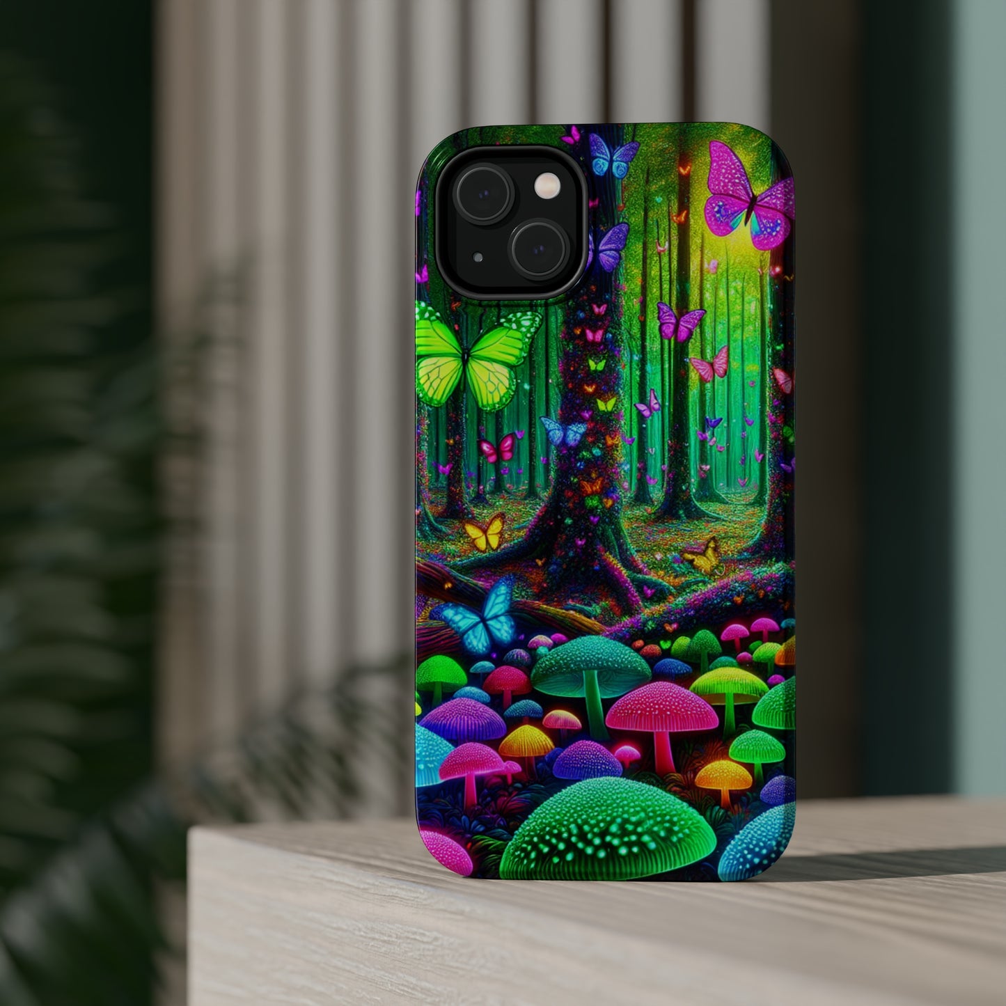 "Neon Garden Symphony". Neon Butterflies and Mushrooms Premium Art Magsafe Magnet Tough IPhone 13 14 15 Pro Plus Max and Mini in Matte and Glossy Phone cases