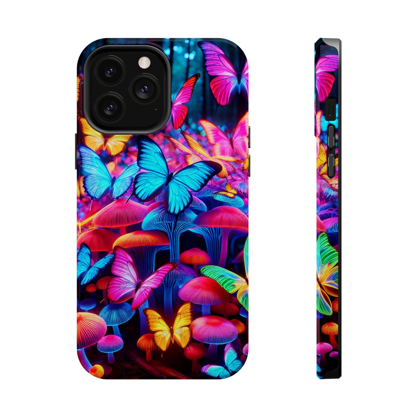 "Neon Tie-Dye Garden" Neon Butterflies and Mushrooms Premium Art Magsafe Magnet Tough IPhone 13 14 15 Pro Plus Max and Mini in Matte and Glossy Phone cases