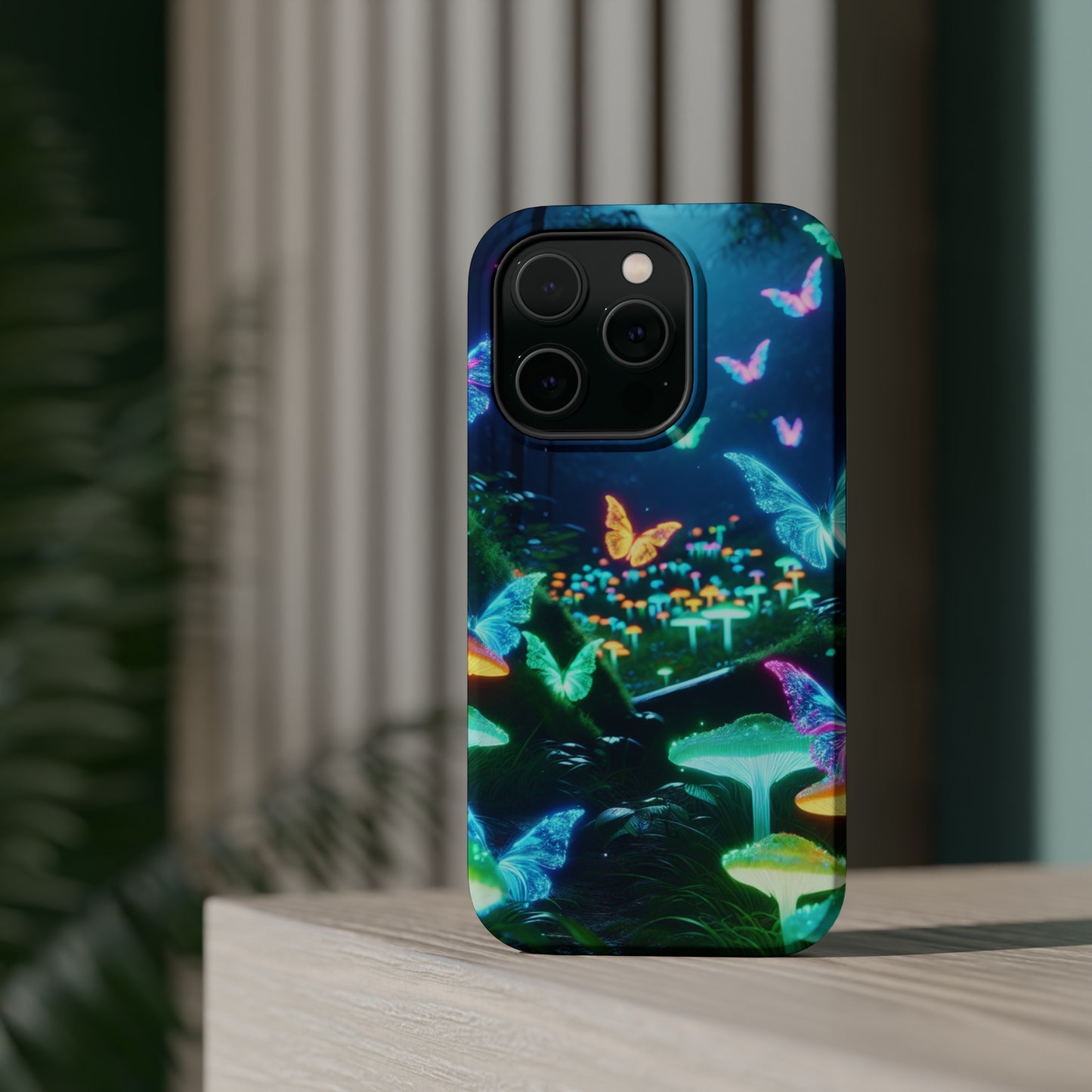 "Neon Meadow" Neon Butterflies and Mushrooms Premium Art Magsafe Magnet Tough IPhone 13 14 15 Pro Plus Max and Mini in Matte and Glossy Phone cases