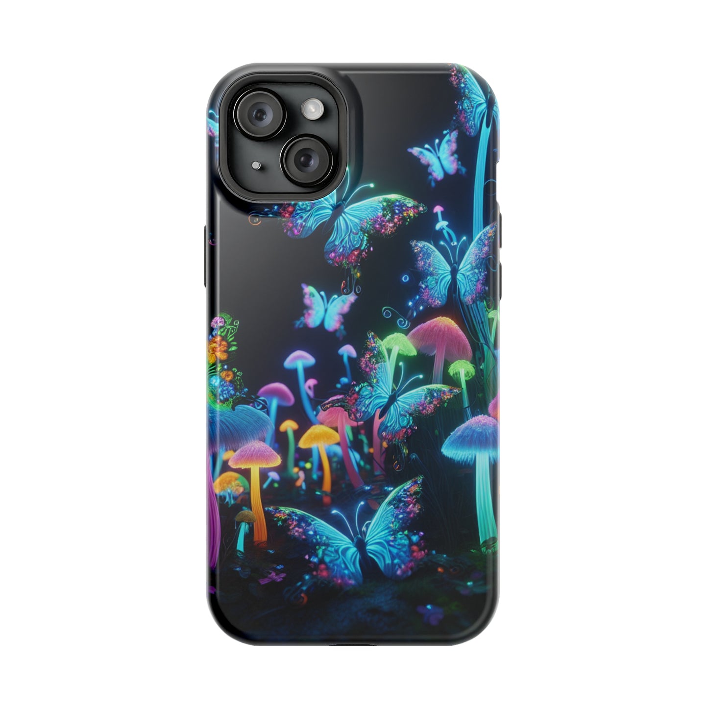 "Neon Dreamscape" Neon Butterflies and Mushrooms Premium Art Magsafe Magnet Tough IPhone 13 14 15 Pro Plus Max and Mini in Matte and Glossy Phone cases