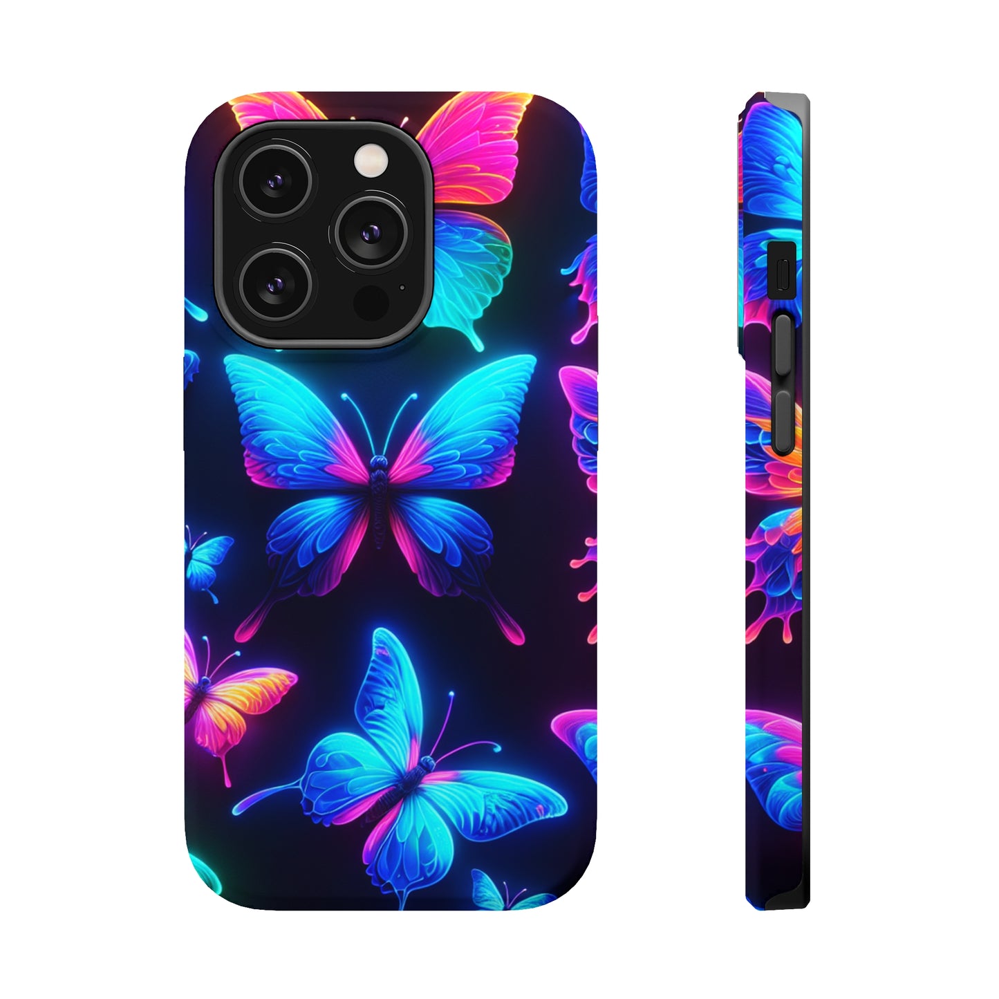 "Neon Flight Frenzy" Neon Butterflies Premium Art Magsafe Magnet Tough IPhone 13 14 15 Pro Plus Max and Mini in Matte and Glossy Phone cases