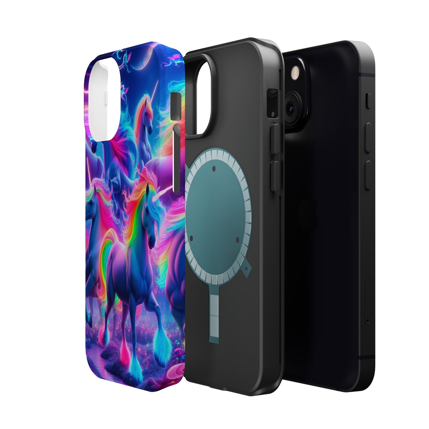"Unicorn Prism" Neon Unicorns Premium Art Magsafe Magnet Tough IPhone 13 14 15 Pro Plus Max and Mini in Matte and Glossy Phone cases