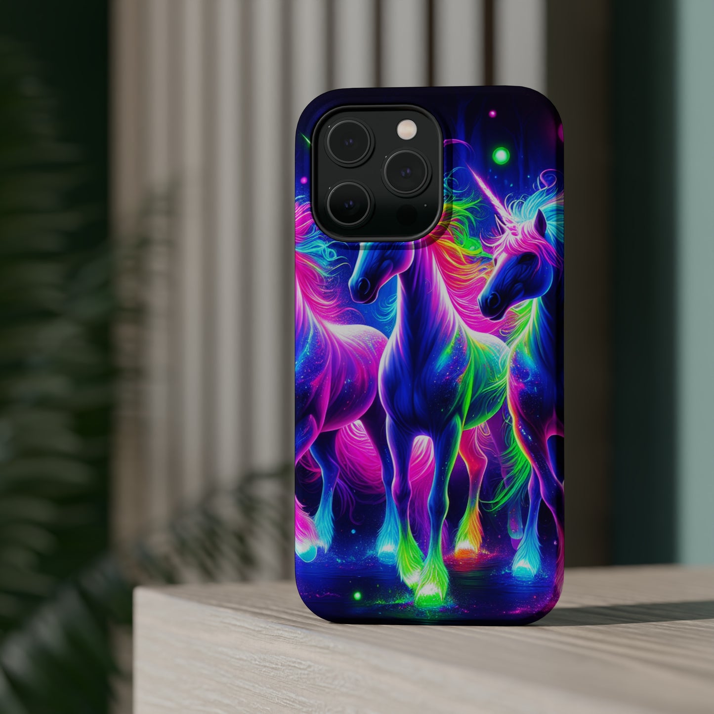 "Uni-Neon Fantasy" Neon Unicorns Premium Art Magsafe Magnet Tough IPhone 13 14 15 Pro Plus Max and Mini in Matte and Glossy Phone cases