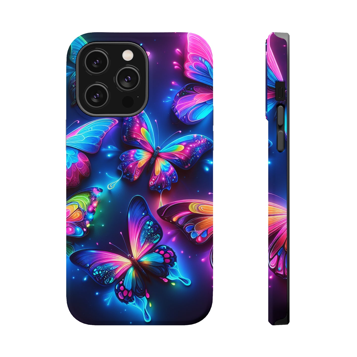 "Neon Butterfly Muster" Neon Butterflies Premium Art Magsafe Magnet Tough IPhone 13 14 15 Pro Plus Max and Mini in Matte and Glossy Phone cases