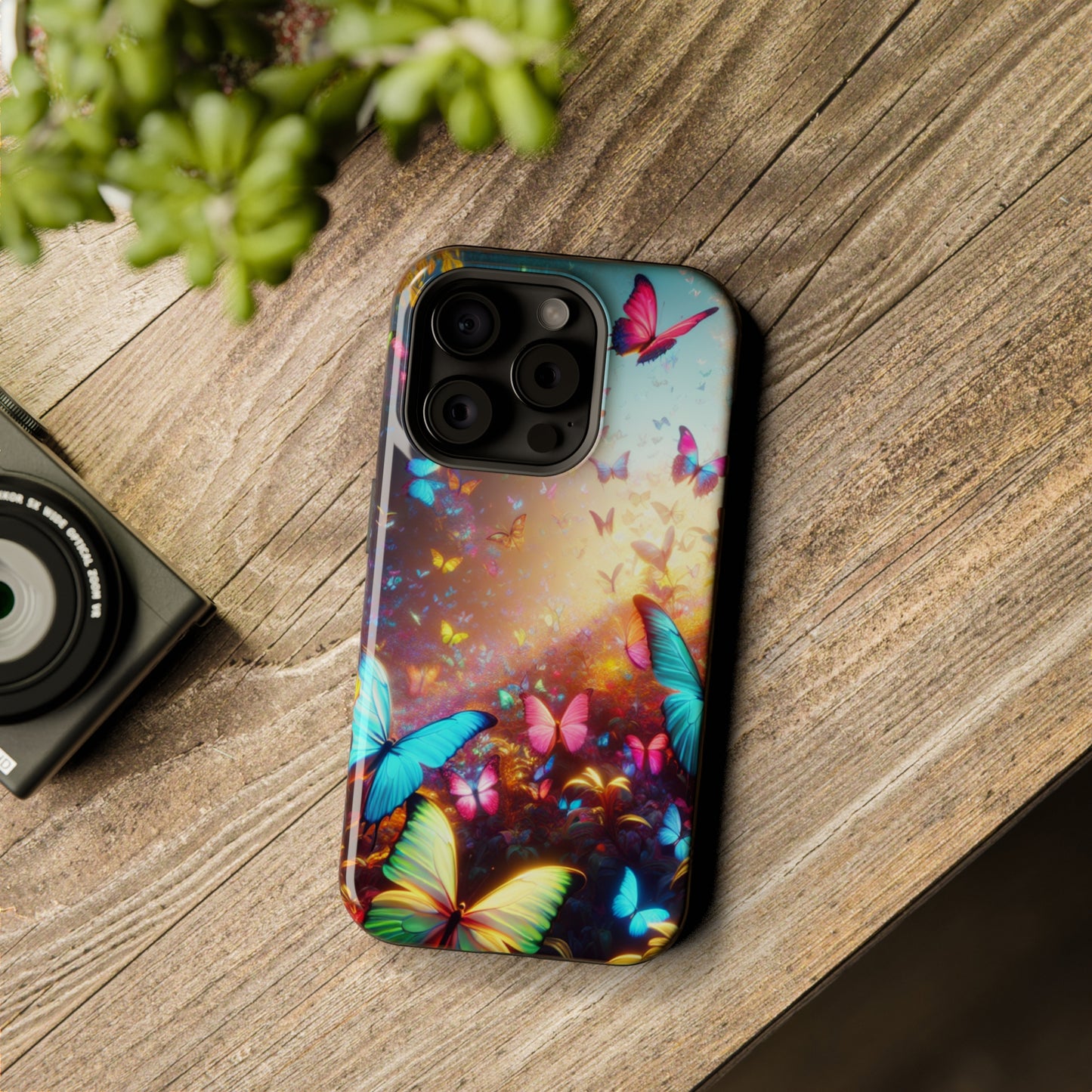 "Neon Butterfly Blooms" Neon Butterflies Premium Art Magsafe Magnet Tough IPhone 13 14 15 Pro Plus Max and Mini in Matte and Glossy Phone cases