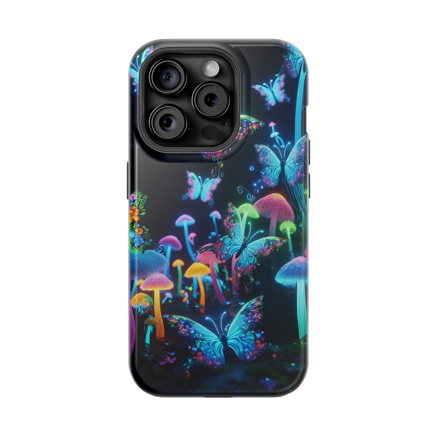 "Neon Dreamscape" Neon Butterflies and Mushrooms Premium Art Magsafe Magnet Tough IPhone 13 14 15 Pro Plus Max and Mini in Matte and Glossy Phone cases