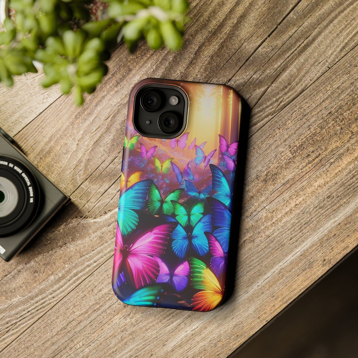 "Radiant Glowing Flight" Neon Butterflies Premium Art Magsafe Magnet Tough IPhone 13 14 15 Pro Plus Max and Mini in Matte and Glossy Phone cases