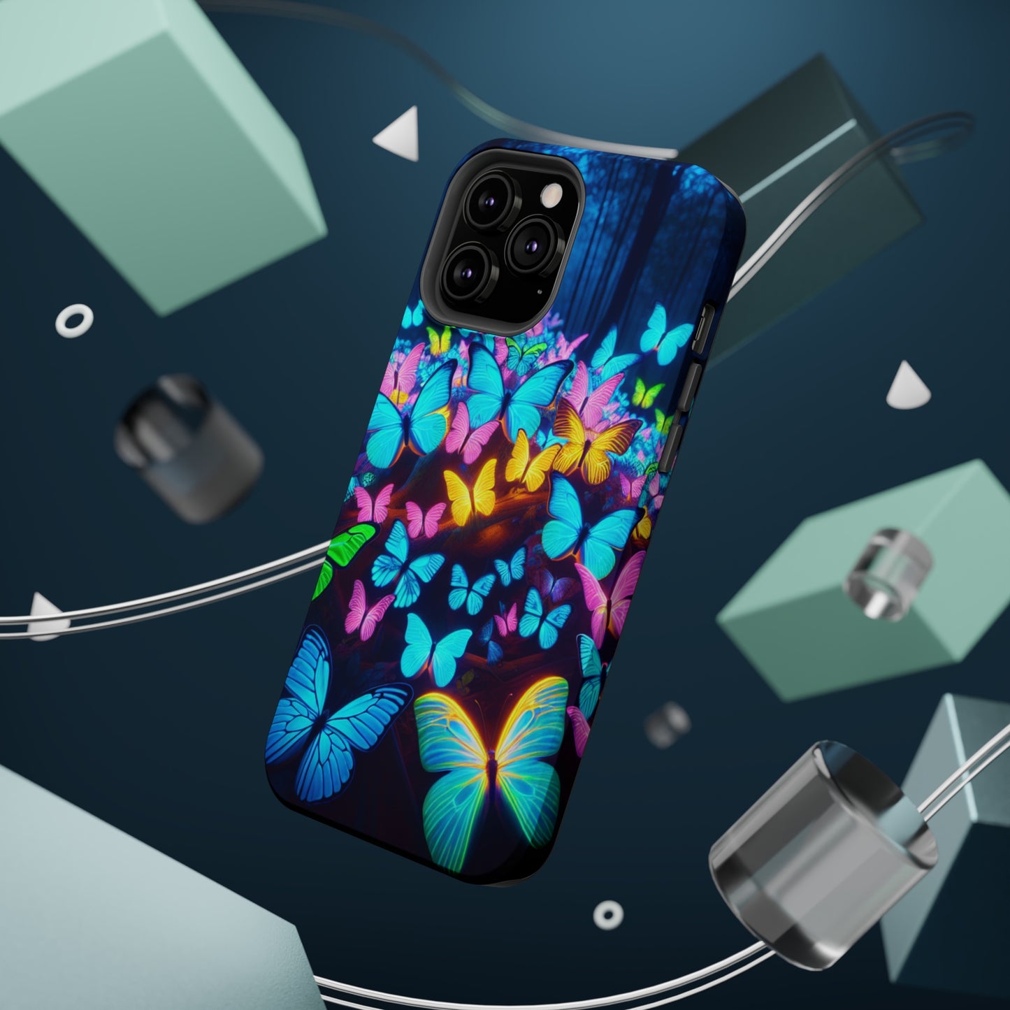 "Scintillating Swirls of Neon Butterflies" Neon Butterflies Premium Art Magsafe Magnet Tough IPhone 13 14 15 Pro Plus Max and Mini in Matte and Glossy Phone cases