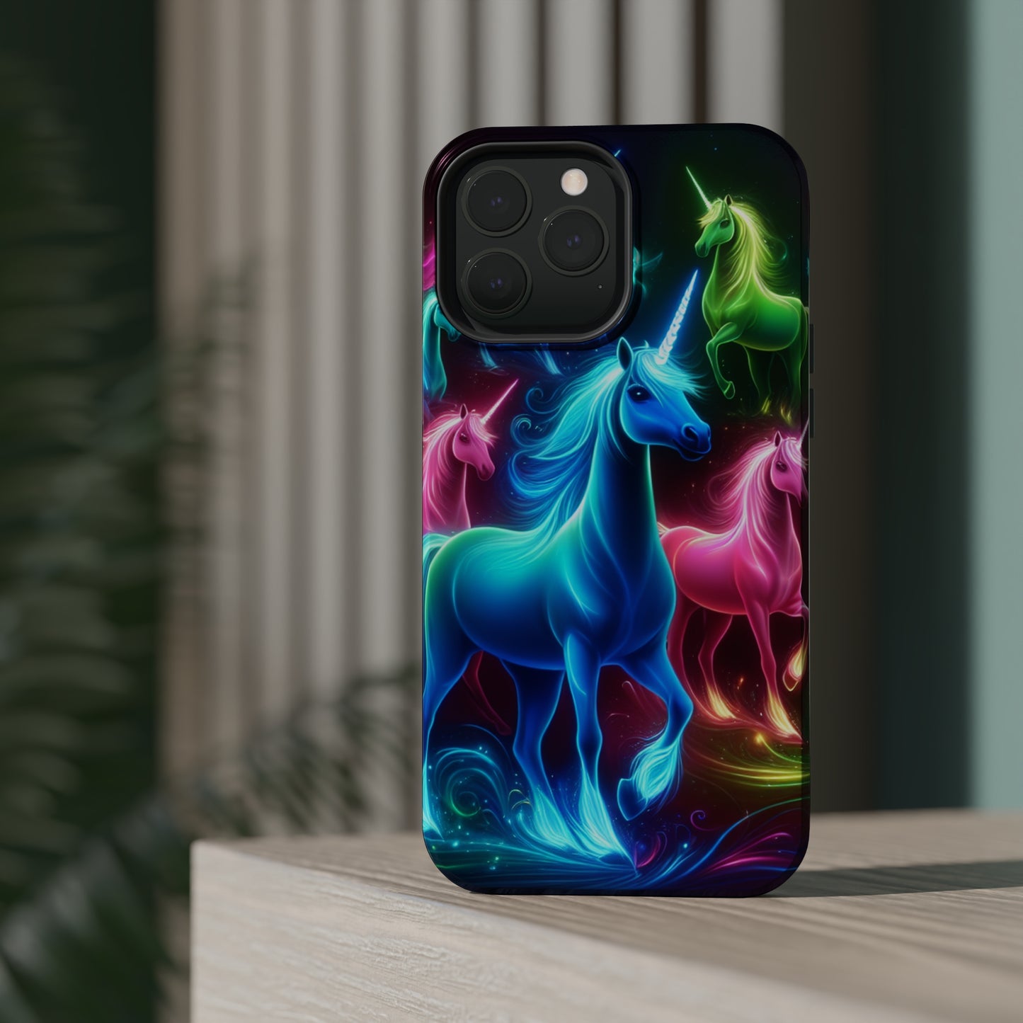 Neon Rainbow Herd. Neon Unicorns Premium Art Magsafe Magnet Tough IPhone 13 14 15 Pro Plus Max and Mini in Matte and Glossy Phone cases