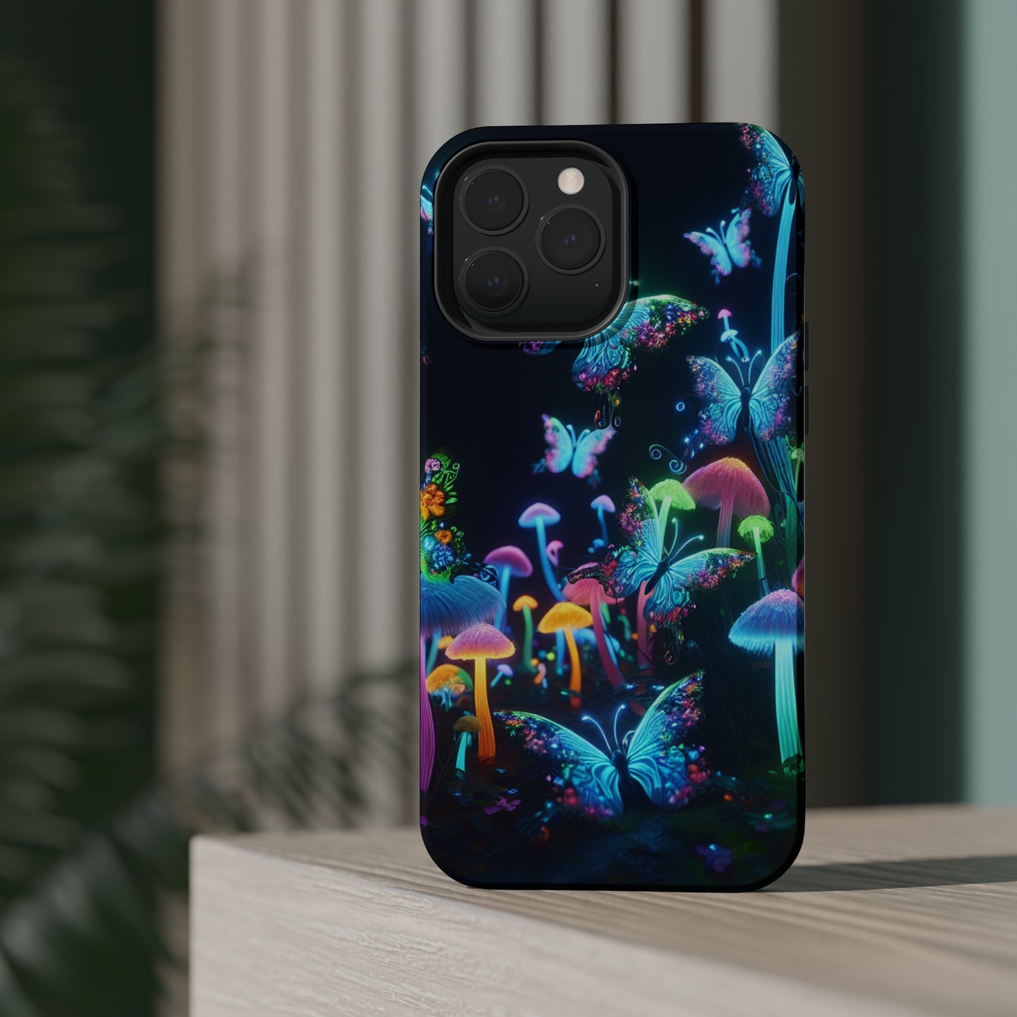 "Neon Dreamscape" Neon Butterflies and Mushrooms Premium Art Magsafe Magnet Tough IPhone 13 14 15 Pro Plus Max and Mini in Matte and Glossy Phone cases