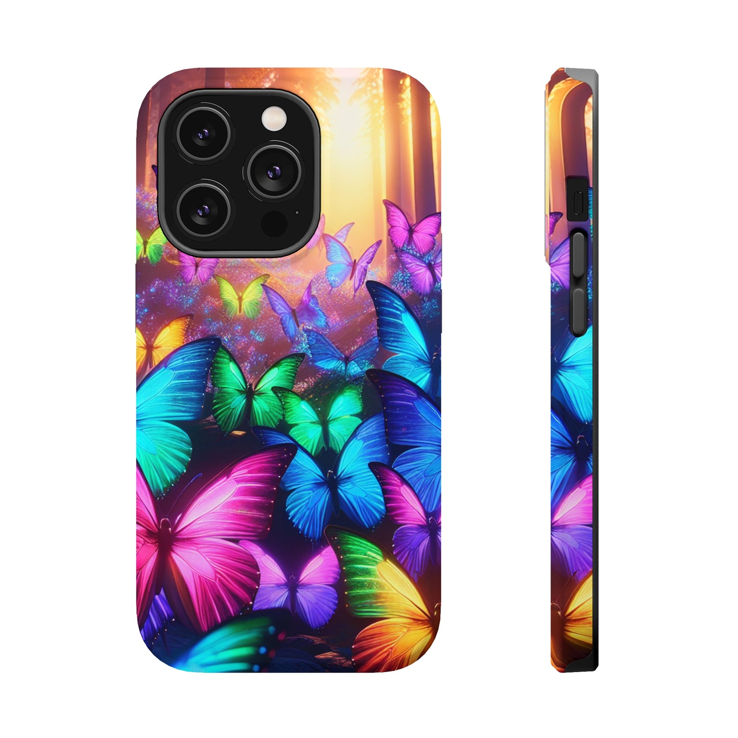 "Radiant Glowing Flight" Neon Butterflies Premium Art Magsafe Magnet Tough IPhone 13 14 15 Pro Plus Max and Mini in Matte and Glossy Phone cases