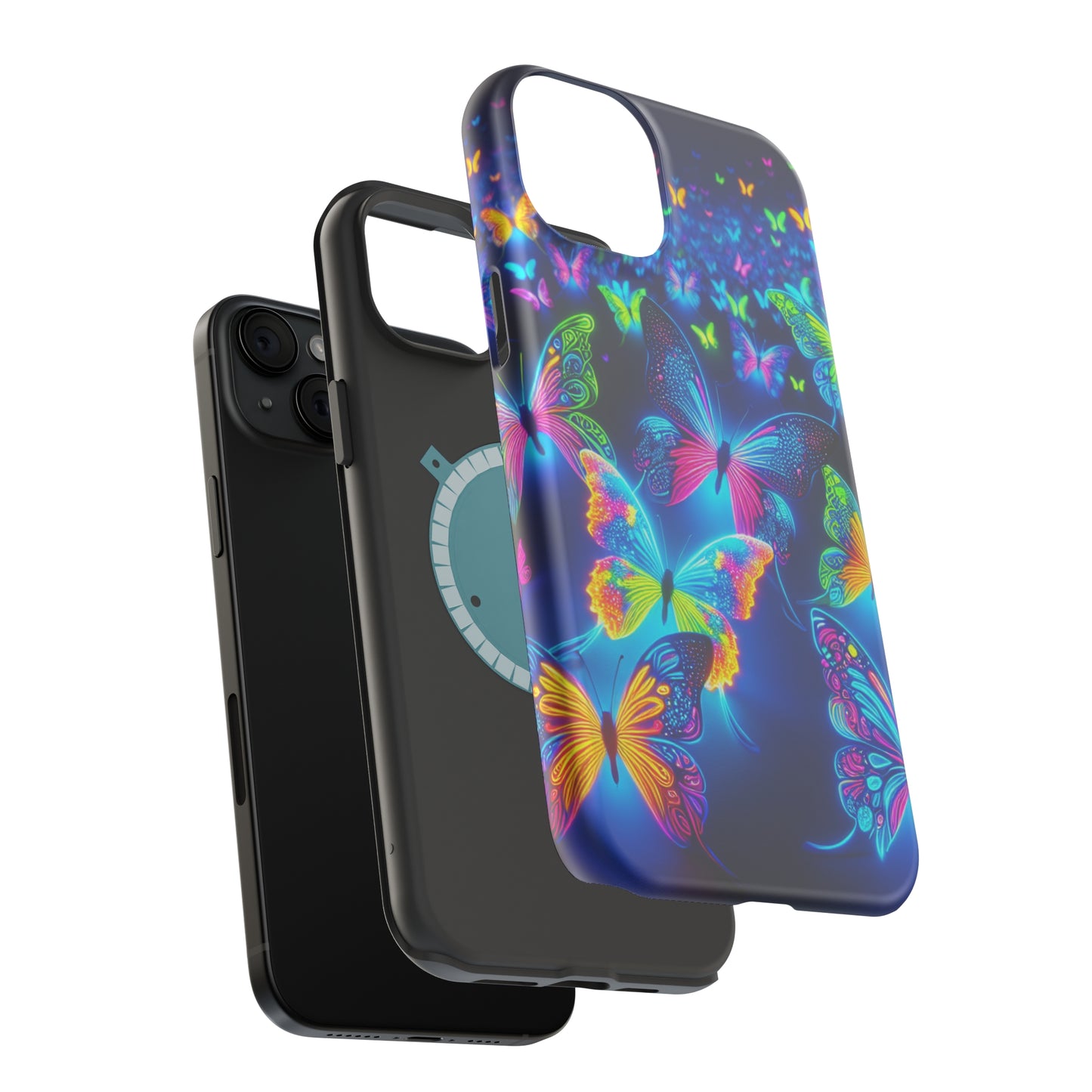 "Atmospheric Fluorescence" Neon Butterflies Premium Art Magsafe Magnet Tough IPhone 13 14 15 Pro Plus Max and Mini in Matte and Glossy Phone cases