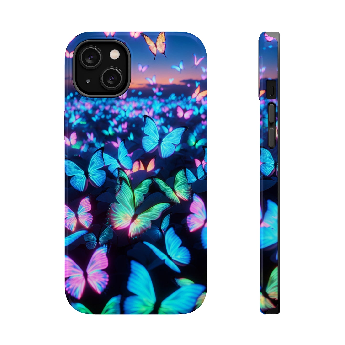 "Fantasia of Neon Butterflies" Neon Butterflies Premium Art Magsafe Magnet Tough IPhone 13 14 15 Pro Plus Max and Mini in Matte and Glossy Phone cases