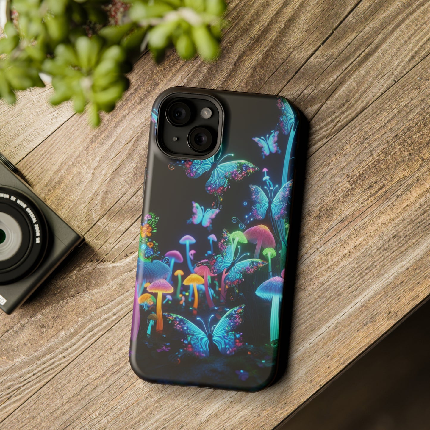 "Neon Dreamscape" Neon Butterflies and Mushrooms Premium Art Magsafe Magnet Tough IPhone 13 14 15 Pro Plus Max and Mini in Matte and Glossy Phone cases