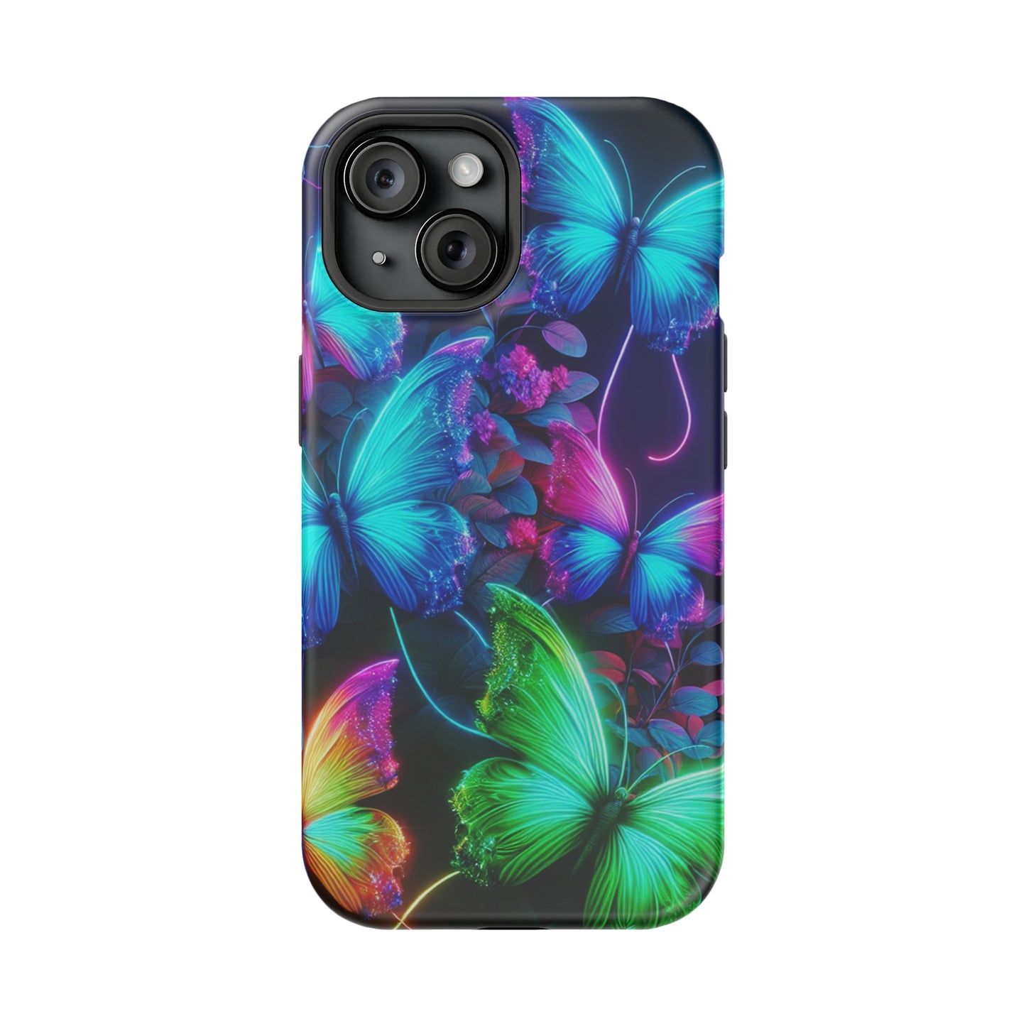 Neon Flutter Symphony Neon Butterflies Premium Art Magsafe Magnet Tough IPhone 13 14 15 Pro Plus Max and Mini in Matte and Glossy Phone cases
