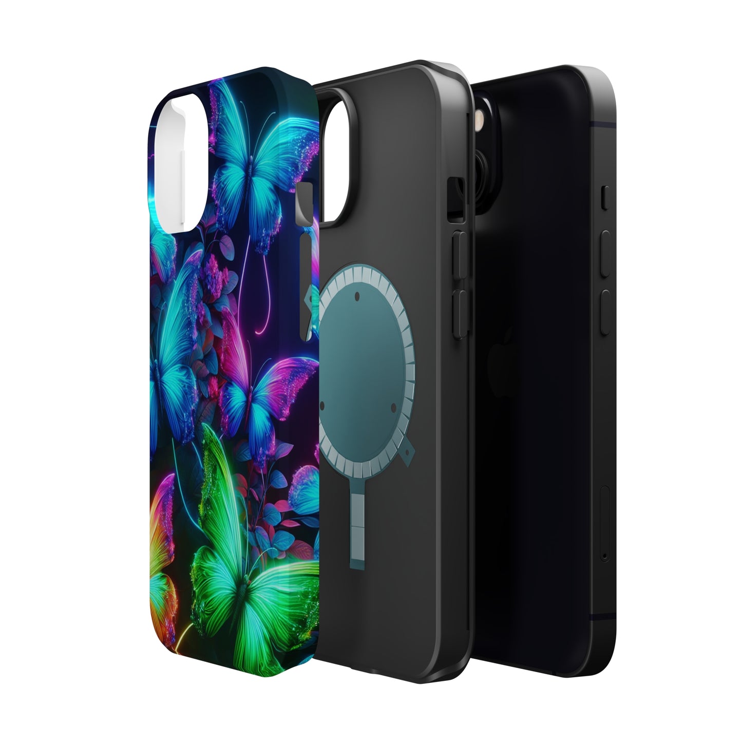 Neon Flutter Symphony Neon Butterflies Premium Art Magsafe Magnet Tough IPhone 13 14 15 Pro Plus Max and Mini in Matte and Glossy Phone cases