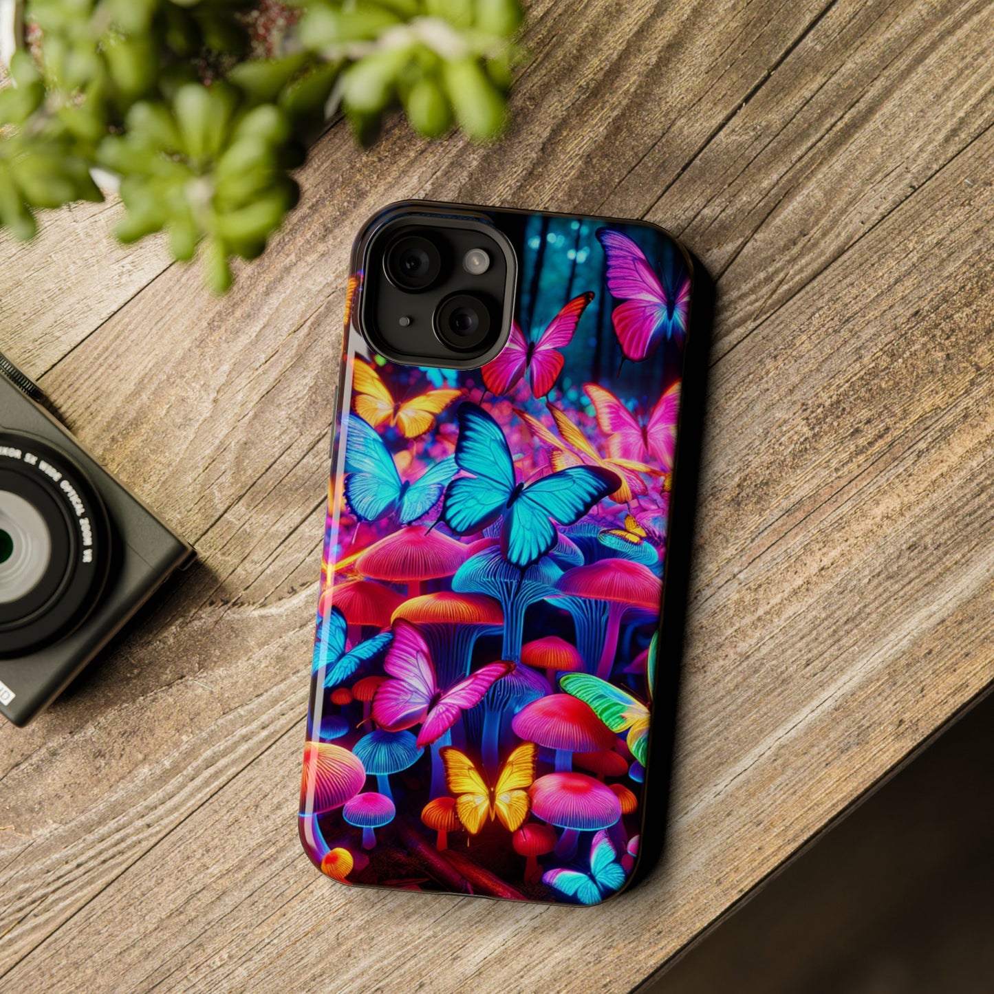 "Neon Tie-Dye Garden" Neon Butterflies and Mushrooms Premium Art Magsafe Magnet Tough IPhone 13 14 15 Pro Plus Max and Mini in Matte and Glossy Phone cases