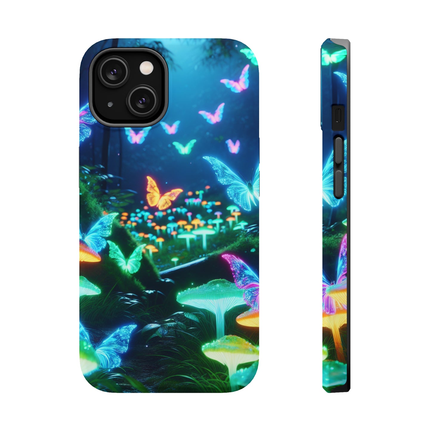 "Neon Meadow" Neon Butterflies and Mushrooms Premium Art Magsafe Magnet Tough IPhone 13 14 15 Pro Plus Max and Mini in Matte and Glossy Phone cases