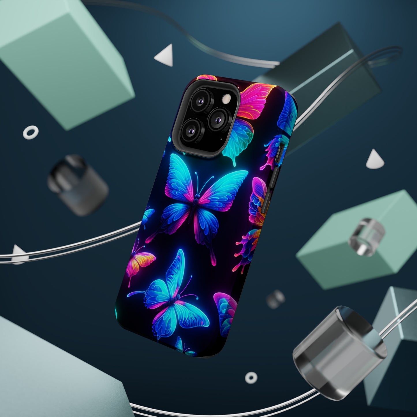 "Neon Flight Frenzy" Neon Butterflies Premium Art Magsafe Magnet Tough IPhone 13 14 15 Pro Plus Max and Mini in Matte and Glossy Phone cases