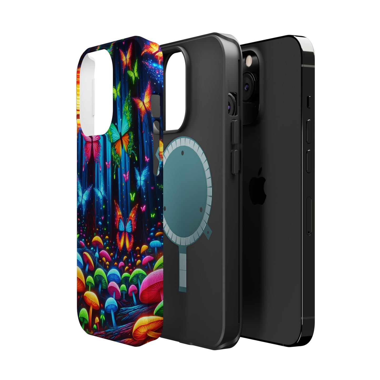 Neon Fantasia. Neon Butterflies and Mushrooms Premium Art Magsafe Magnet Tough IPhone 13 14 15 Pro Plus Max and Mini in Matte and Glossy Phone cases