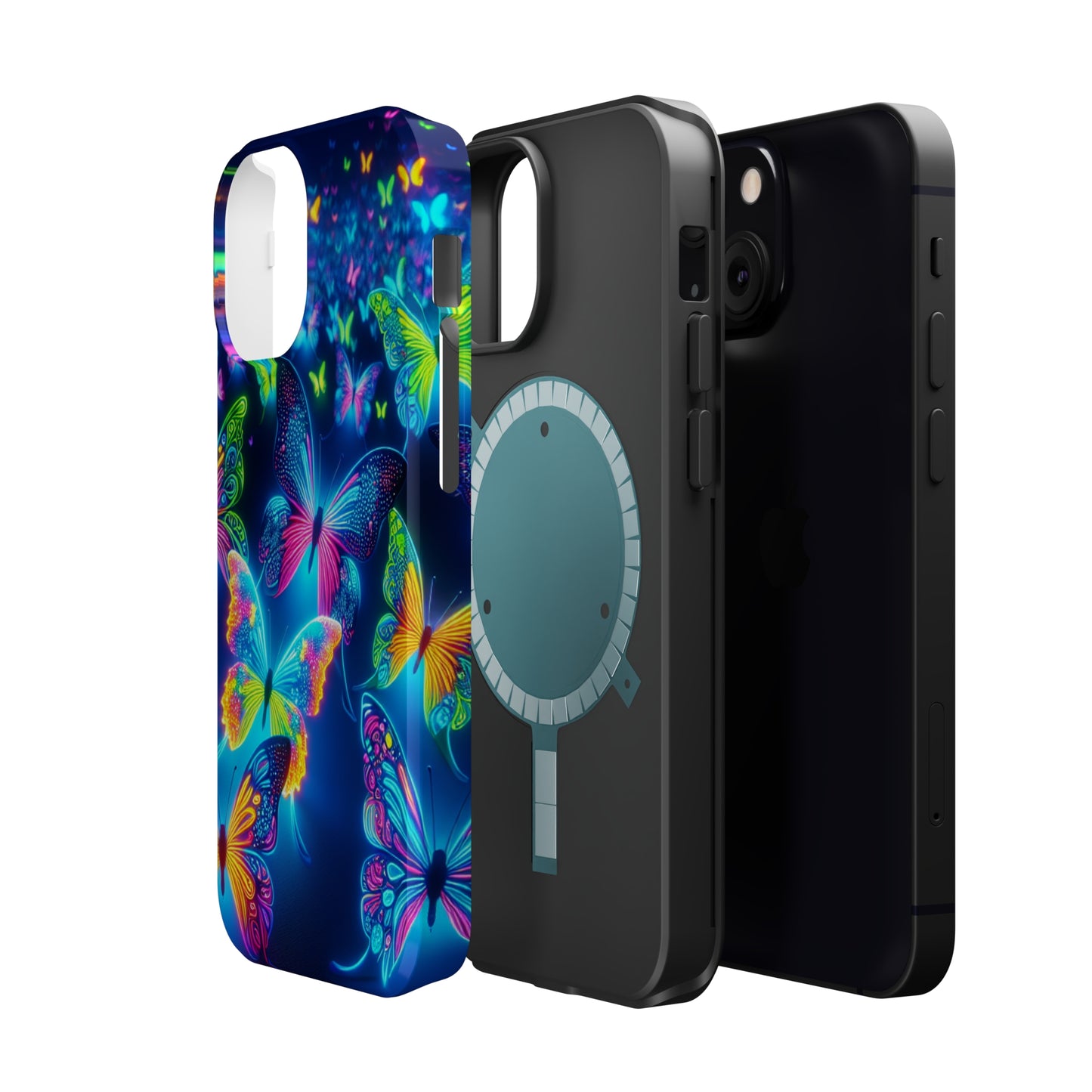 "Atmospheric Fluorescence" Neon Butterflies Premium Art Magsafe Magnet Tough IPhone 13 14 15 Pro Plus Max and Mini in Matte and Glossy Phone cases