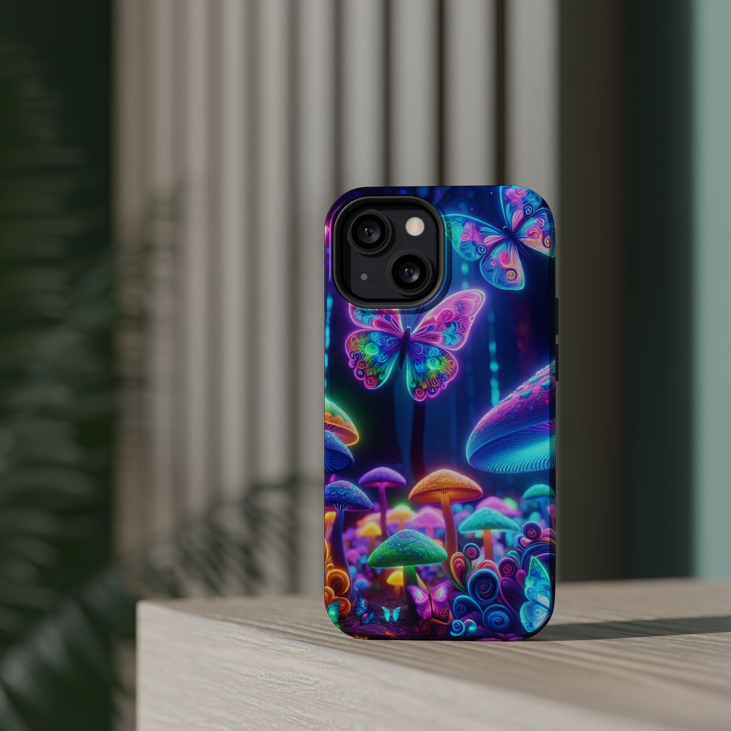 Neon Ecstasy. Neon Butterflies and Mushrooms Premium Art Magsafe Magnet Tough IPhone 13 14 15 Pro Plus Max and Mini in Matte and Glossy Phone cases