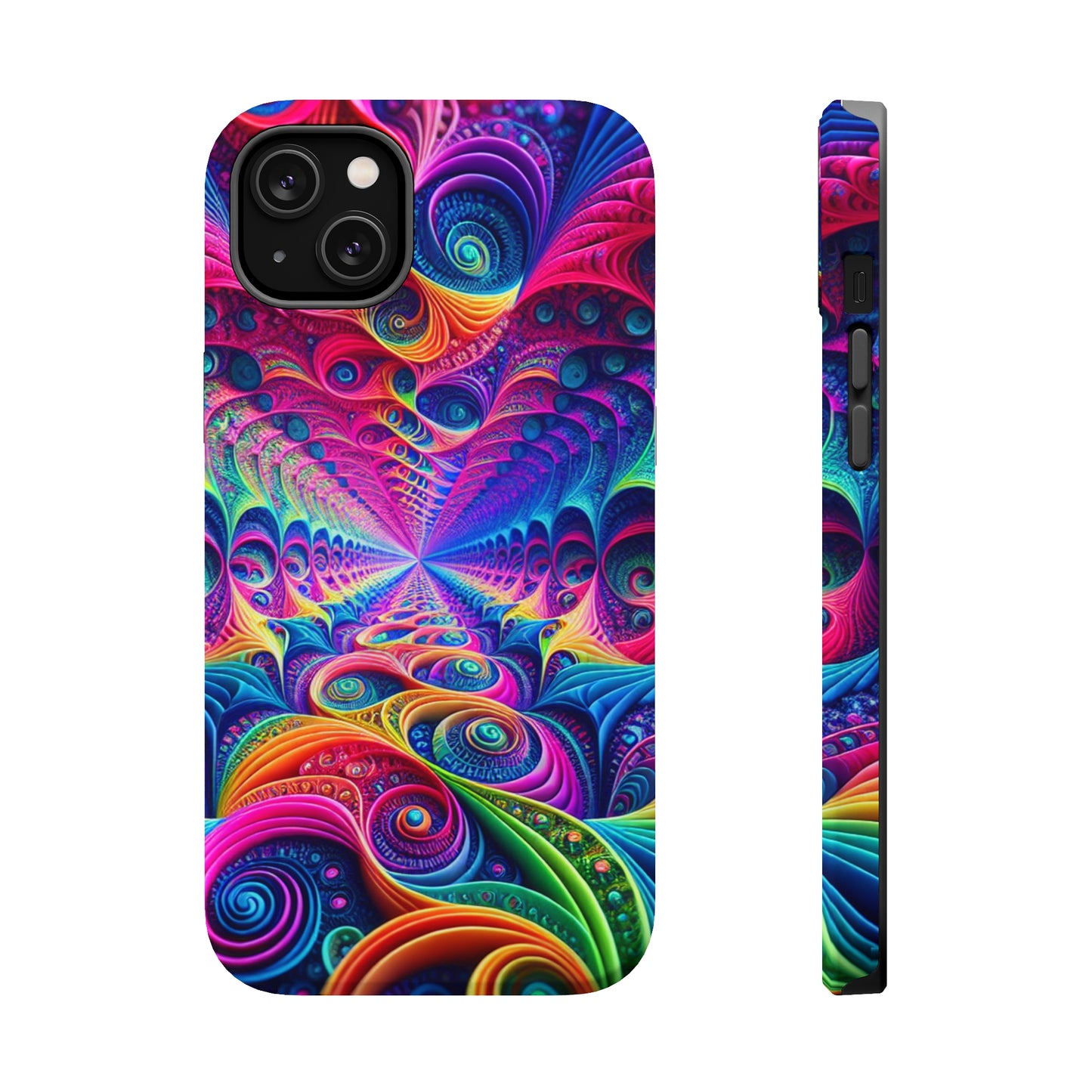 Cosmic Electric Rainbow Frenzy. Neon Trippy Infinity Patterns Premium Art Magsafe Magnet Tough IPhone 13 14 15 Pro Plus Max and Mini in Matte and Glossy Phone cases