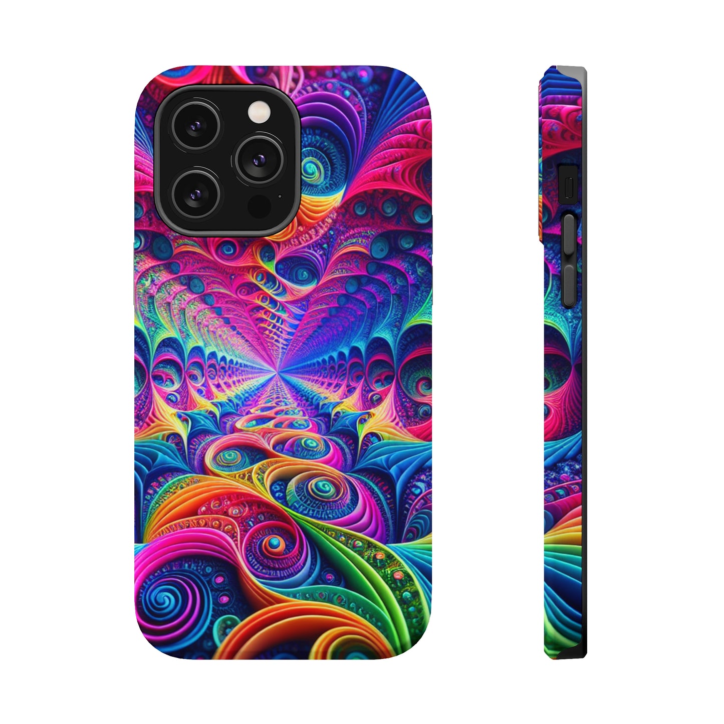 Cosmic Electric Rainbow Frenzy. Neon Trippy Infinity Patterns Premium Art Magsafe Magnet Tough IPhone 13 14 15 Pro Plus Max and Mini in Matte and Glossy Phone cases