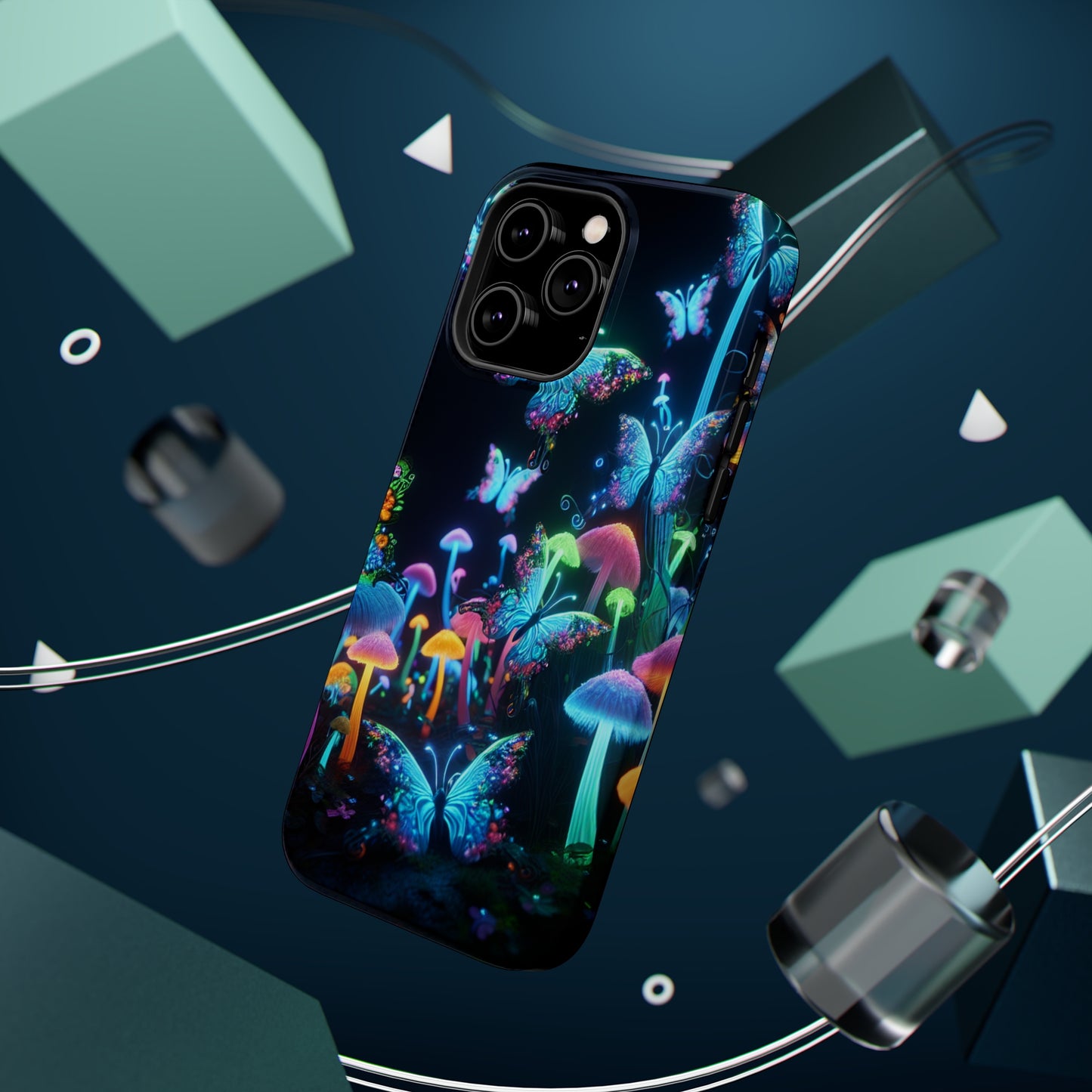 "Neon Dreamscape" Neon Butterflies and Mushrooms Premium Art Magsafe Magnet Tough IPhone 13 14 15 Pro Plus Max and Mini in Matte and Glossy Phone cases
