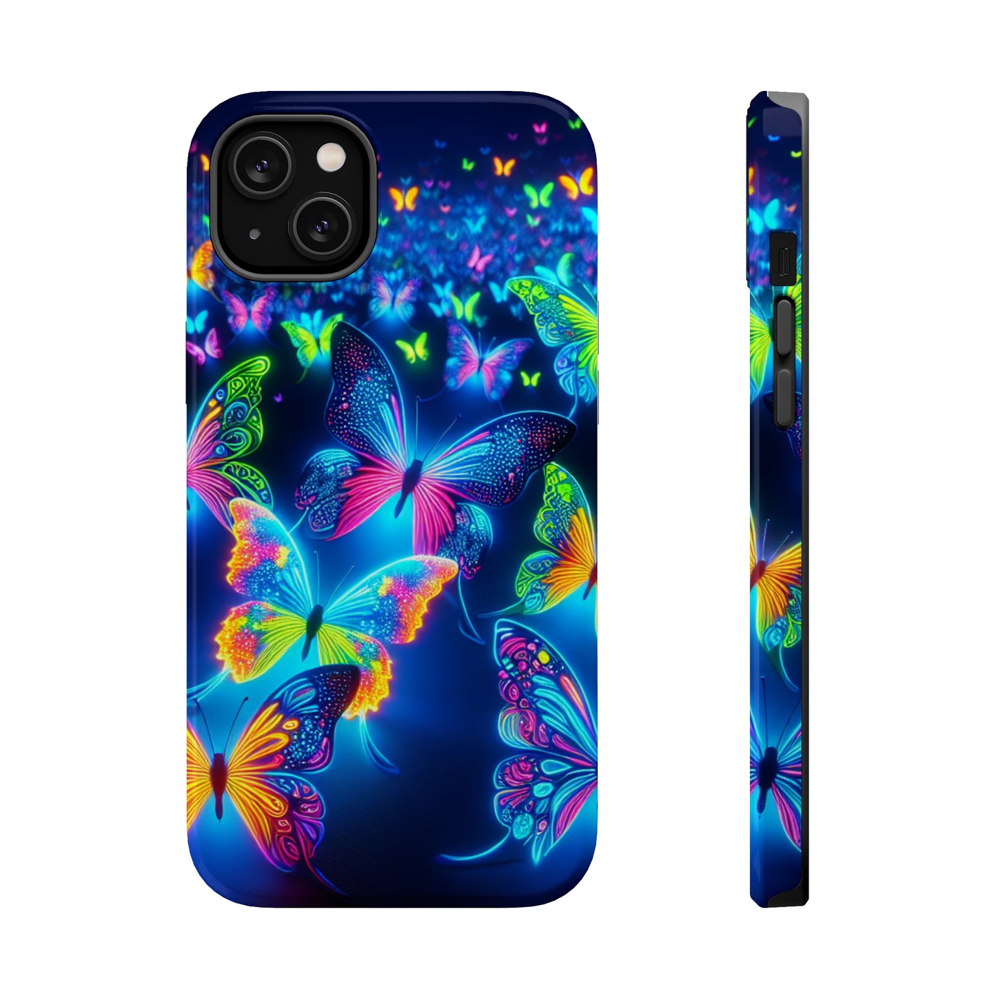 "Atmospheric Fluorescence" Neon Butterflies Premium Art Magsafe Magnet Tough IPhone 13 14 15 Pro Plus Max and Mini in Matte and Glossy Phone cases