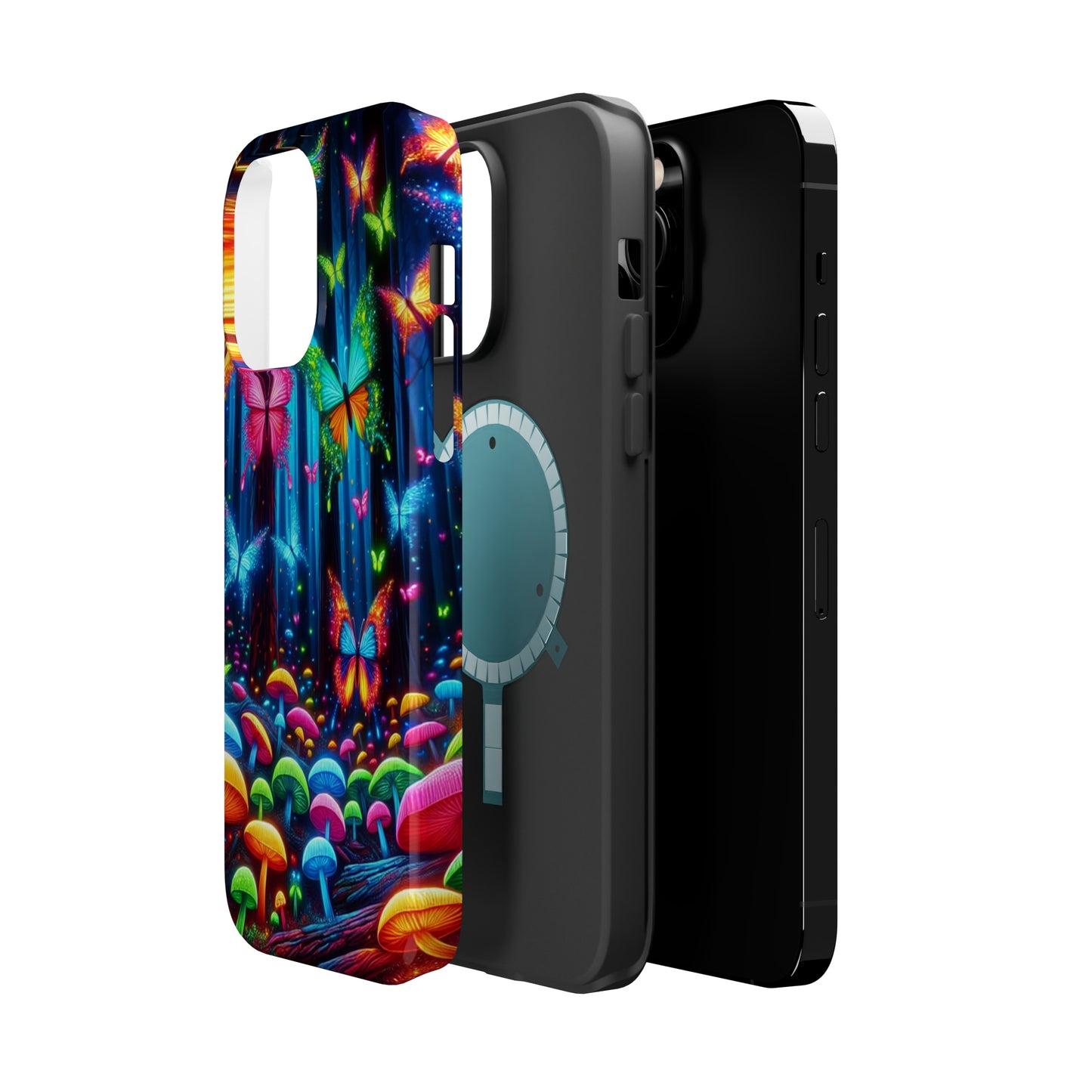 Neon Fantasia. Neon Butterflies and Mushrooms Premium Art Magsafe Magnet Tough IPhone 13 14 15 Pro Plus Max and Mini in Matte and Glossy Phone cases