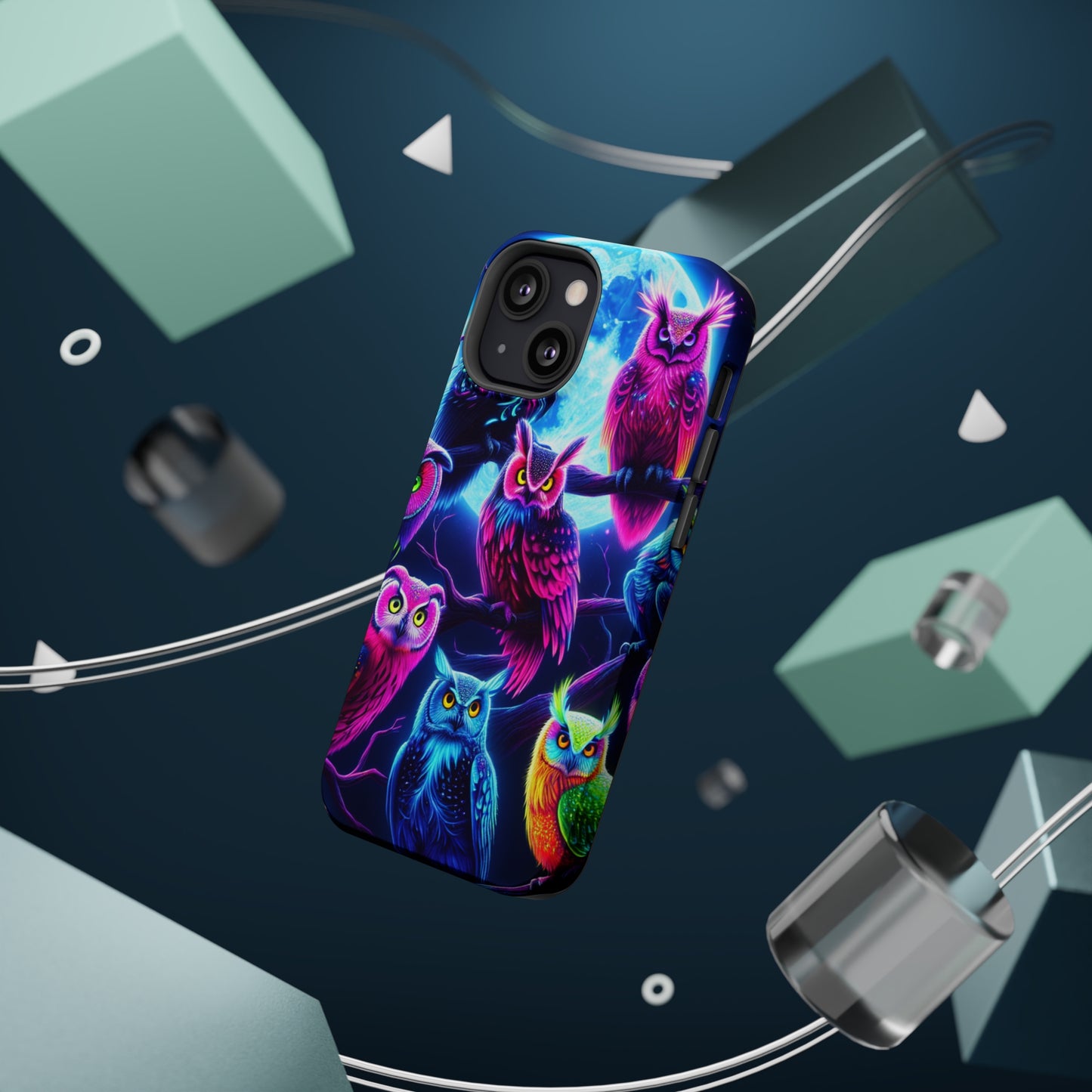 "Neon Splash of Owls" Neon Owls Premium Art Magsafe Magnet Tough IPhone 13 14 15 Pro Plus Max and Mini in Matte and Glossy Phone cases
