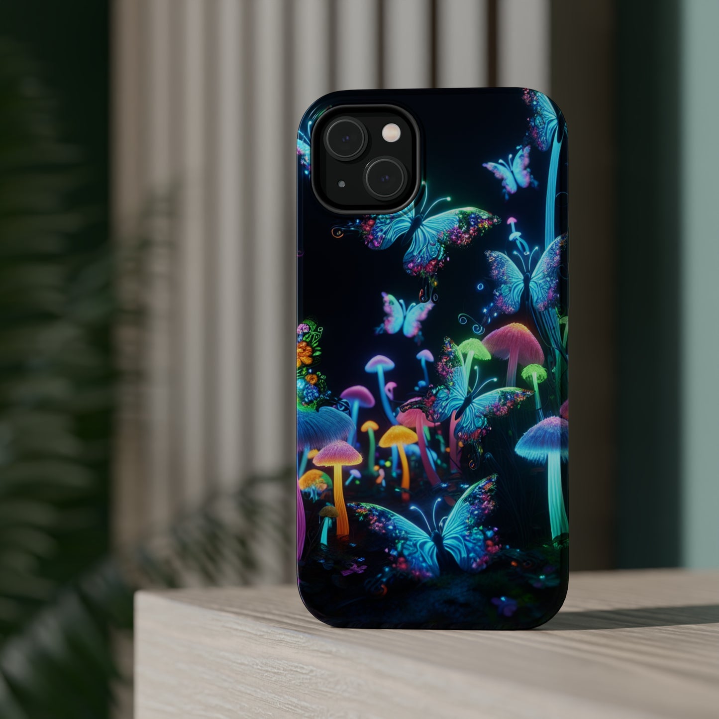 "Neon Dreamscape" Neon Butterflies and Mushrooms Premium Art Magsafe Magnet Tough IPhone 13 14 15 Pro Plus Max and Mini in Matte and Glossy Phone cases