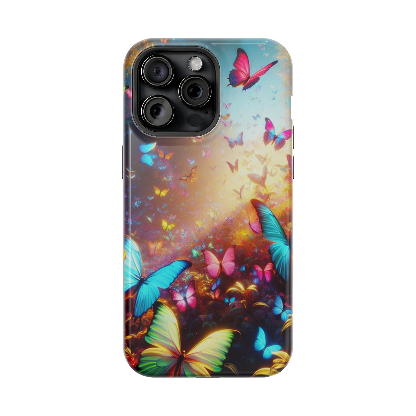 "Neon Butterfly Blooms" Neon Butterflies Premium Art Magsafe Magnet Tough IPhone 13 14 15 Pro Plus Max and Mini in Matte and Glossy Phone cases