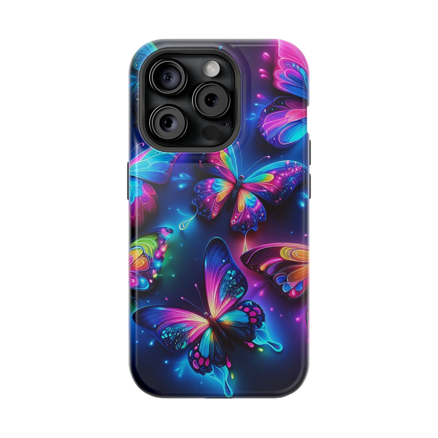 "Neon Butterfly Muster" Neon Butterflies Premium Art Magsafe Magnet Tough IPhone 13 14 15 Pro Plus Max and Mini in Matte and Glossy Phone cases