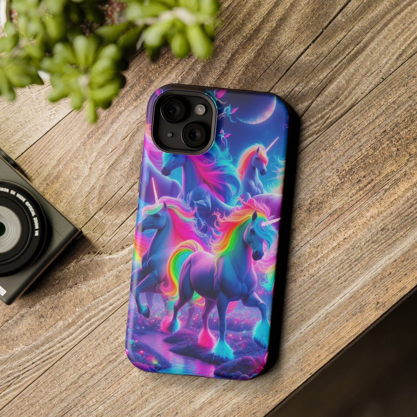 "Unicorn Prism" Neon Unicorns Premium Art Magsafe Magnet Tough IPhone 13 14 15 Pro Plus Max and Mini in Matte and Glossy Phone cases