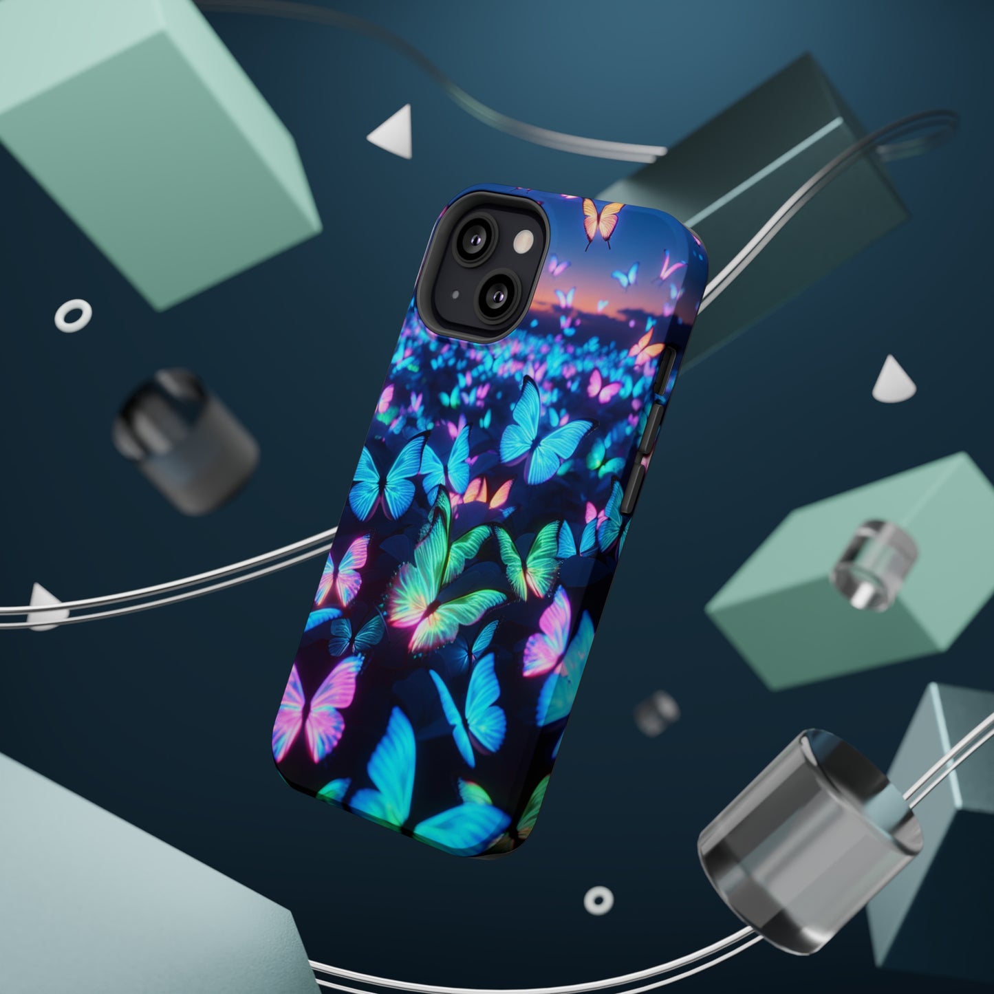 "Fantasia of Neon Butterflies" Neon Butterflies Premium Art Magsafe Magnet Tough IPhone 13 14 15 Pro Plus Max and Mini in Matte and Glossy Phone cases