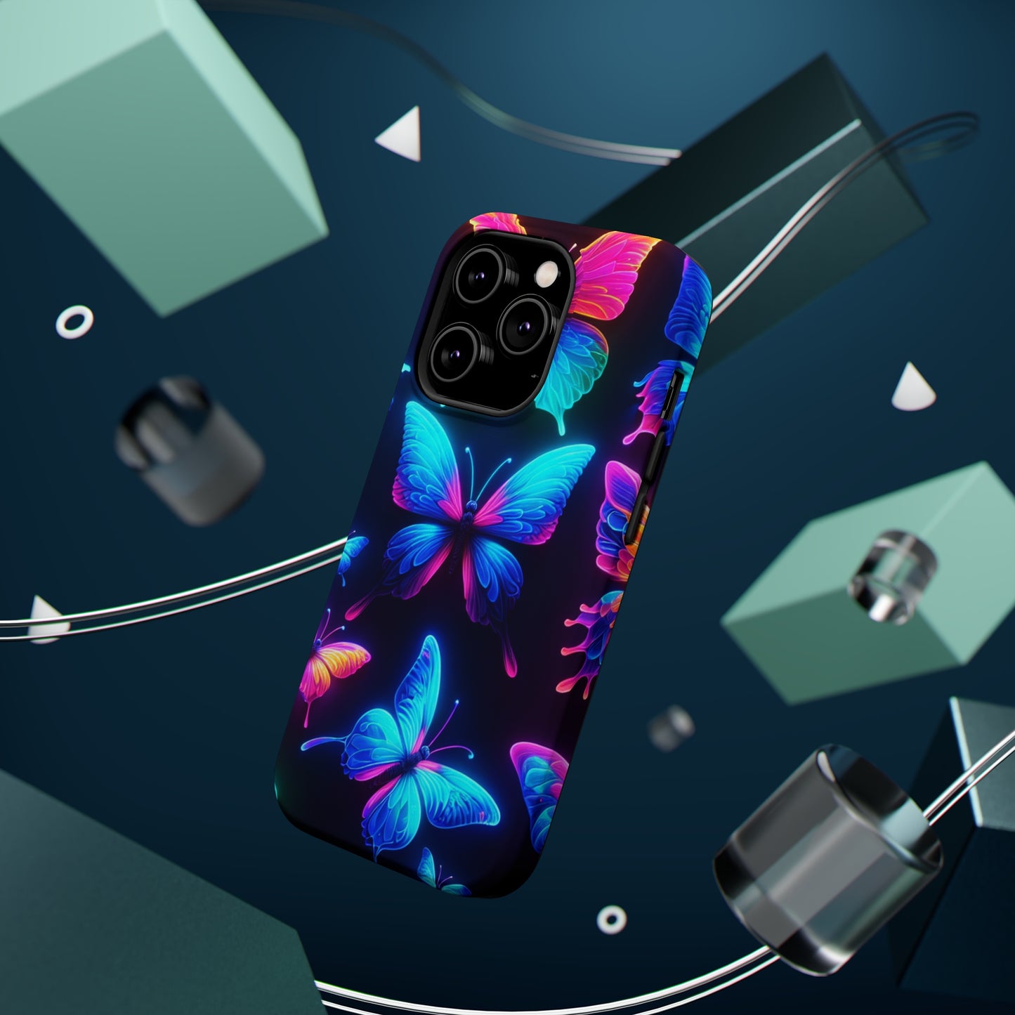 "Neon Flight Frenzy" Neon Butterflies Premium Art Magsafe Magnet Tough IPhone 13 14 15 Pro Plus Max and Mini in Matte and Glossy Phone cases